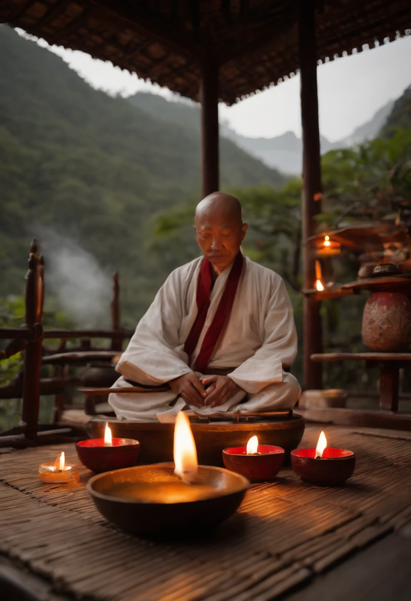 a Chinese master,meditation position,long white beards,bald head,Shaolin attire,detailed face and eyes,serene expression,wise appearance,ancient temple,incense smell,peaceful atmosphere,bamboo forest,soft daylight streaming through the windows,smoke rising from the censers,subtle incense haze,elegant calligraphy scrolls,historical murals,carved stone statues,burning candles,meditation cushions,aroma of tea,humbled wooden furniture,tranquil surroundings,bird chirping,peaceful ambiance,breathtaking architecture,solitude,spiritual enlightenment,balance of body and mind,harmony with nature,strong connection with the universe,deepened inner peace,Himalayan mountains in the background,tai chi movements,ancient wisdom,rumination,contemplation,(best quality, 4k, high-res),detailed brushstrokes,vibrant colors,traditional art style,wispy brushwork,traditional Chinese ink painting aesthetics