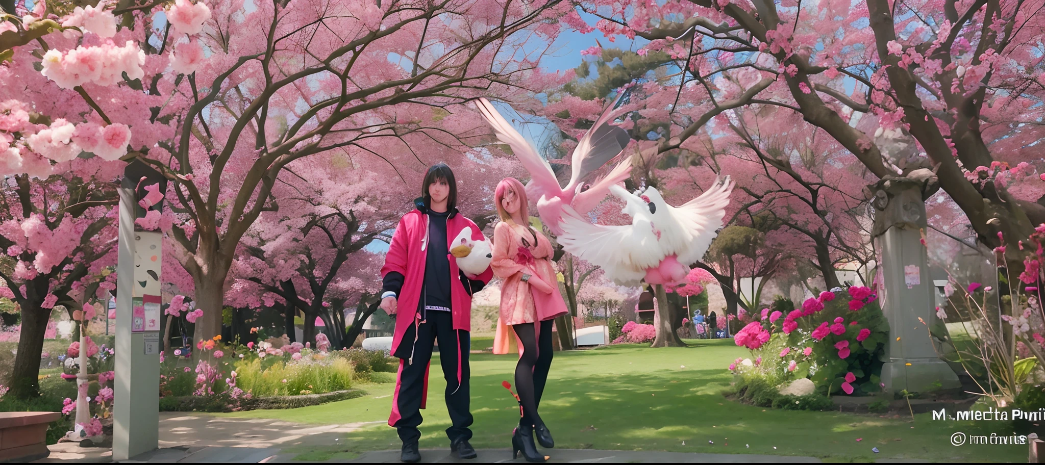 anime characters standing in front of a pink tree with a bird, nixeu and sakimichan, sakimichan and frank franzzeta, crimson themed, the non-binary deity of spring, in a cyberpunk garden, frank franzzeta and sakimichan, <mmorpgs scene, hints of yayoi kasuma