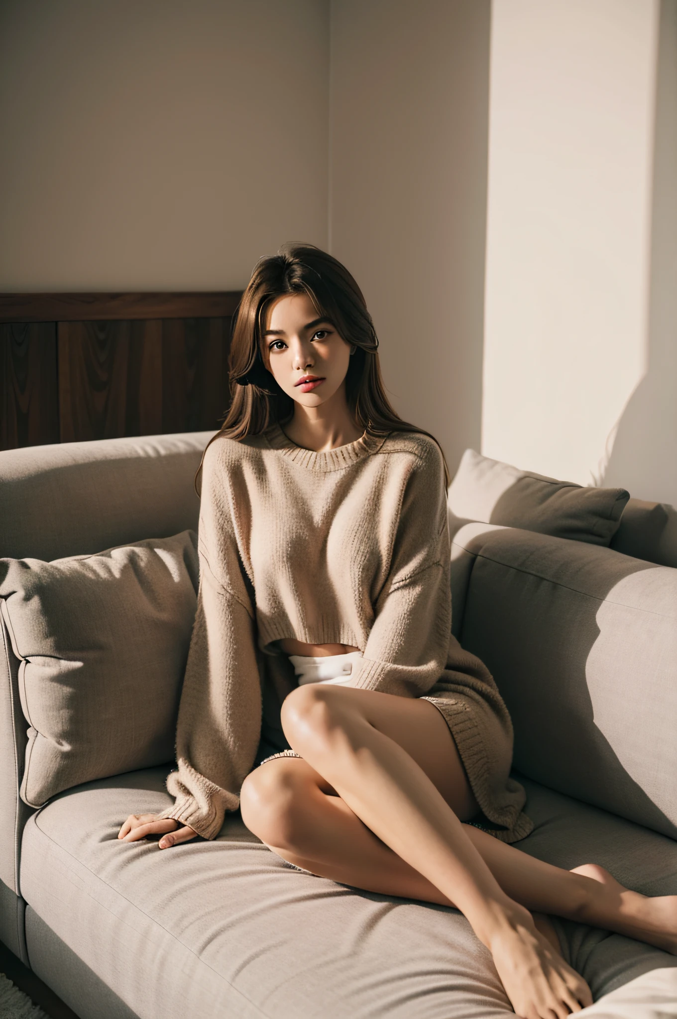 1girl in,Sitting on a cozy sofa,cross one's legs,Soft light、bura、show through