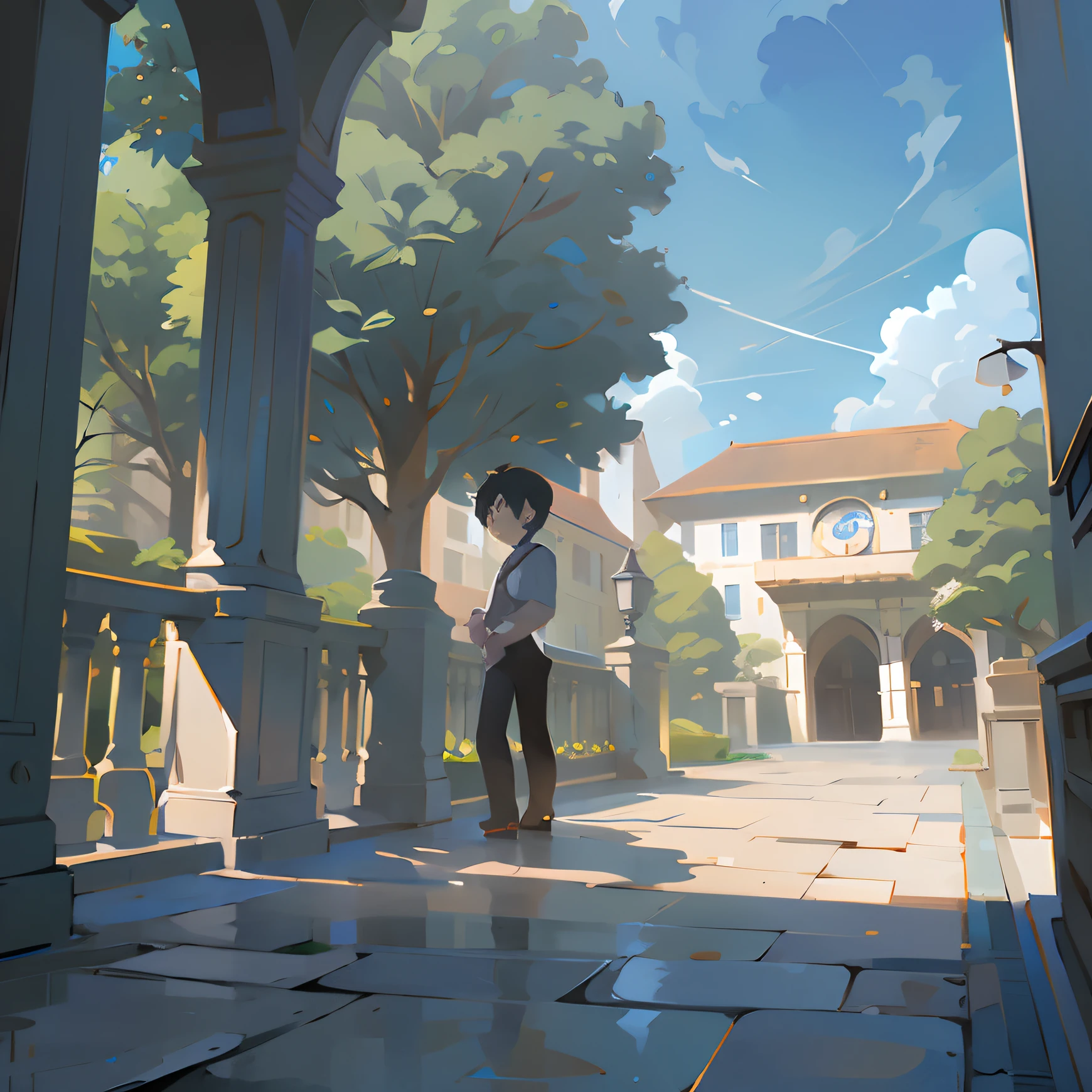 Anime - style scene of a standing in the yard,In the background is a clock tower, studio ghibli sunlight, concept art of single boy, studio ghibli artstyle, ghibli studio anime style, drawn in anime painter studio, standing in a city center, studio ghibli artstyle, made with anime painter studio, anime style cityscape, in the style of makoto shinkai,The boy glanced back,Hand on the railing,((Masterpiece,Best quality)), Cinematic composition, schools,playground,Classroom,hallways,railing,Delayed paving,Decorative fountains, Daytime lights.Outdoors, Building, tree, scenery, sky, day, Blue sky, Road, street, black shadows, window, City,