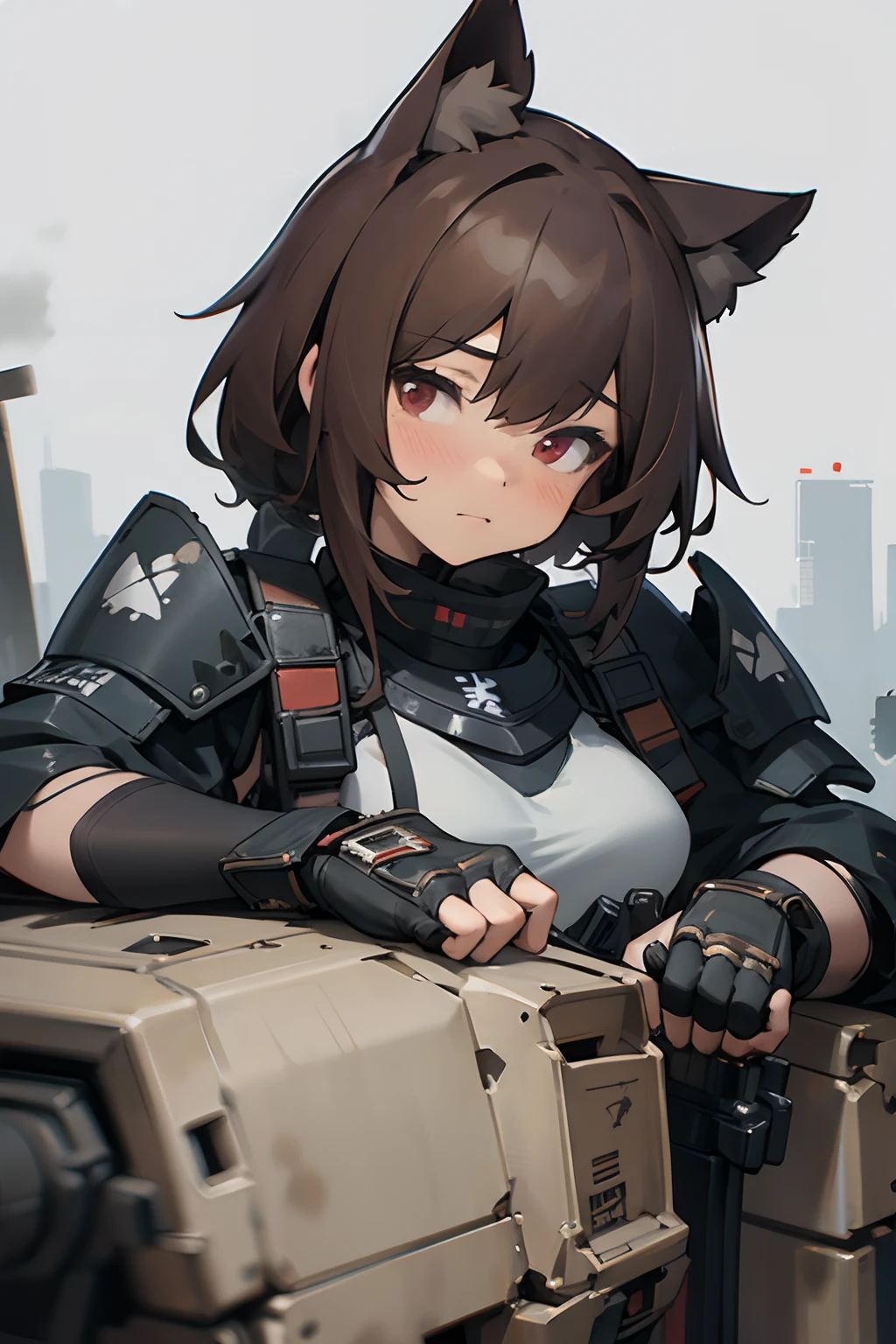 masterpiece, 8k, high quality, 1 girl, cat ears, (face portrait), red eyes, stockings, fingerless gloves, brown hair, (closeup), armor insert, ballistic plate, platecarrier, tactical armor, tactical vest, chest rig, military, bulletproof armor, security equipment, peacekeeper, dystopian, ruined cityscape, cyberpunk