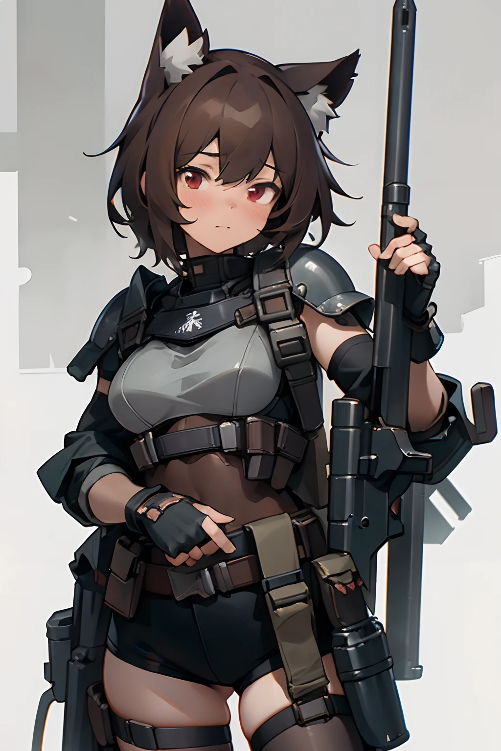 masterpiece, 8k, high quality, 1 girl, cat ears, (face portrait), red eyes, stockings, fingerless gloves, brown hair, (closeup), armor insert, ballistic plate, platecarrier, tactical armor, tactical vest, chest rig, military, bulletproof armor, security equipment, peacekeeper, dystopian, ruined cityscape, cyberpunk