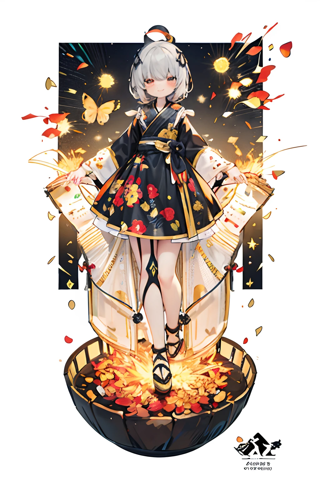 (White background:1.4),(Nature Illustration Summer Festival:1.3,paper art:1.3, Quilted Paper Art:1.2),( Reasonable design, Clear lines, High Sharpness,Best Quality, Very detailed, masutepiece, Movie Light Effects, 4K )(Red petals:1.0)、Lots of sparks flutter、the wind、Background with、Summer Festivals、sparks、Wear Happy、Red hair、Partially red hair、Gray hair at the base、Attaching a festival bowl roll、Night festivities、full body Esbian、Not bad、A delightful、Happy smile