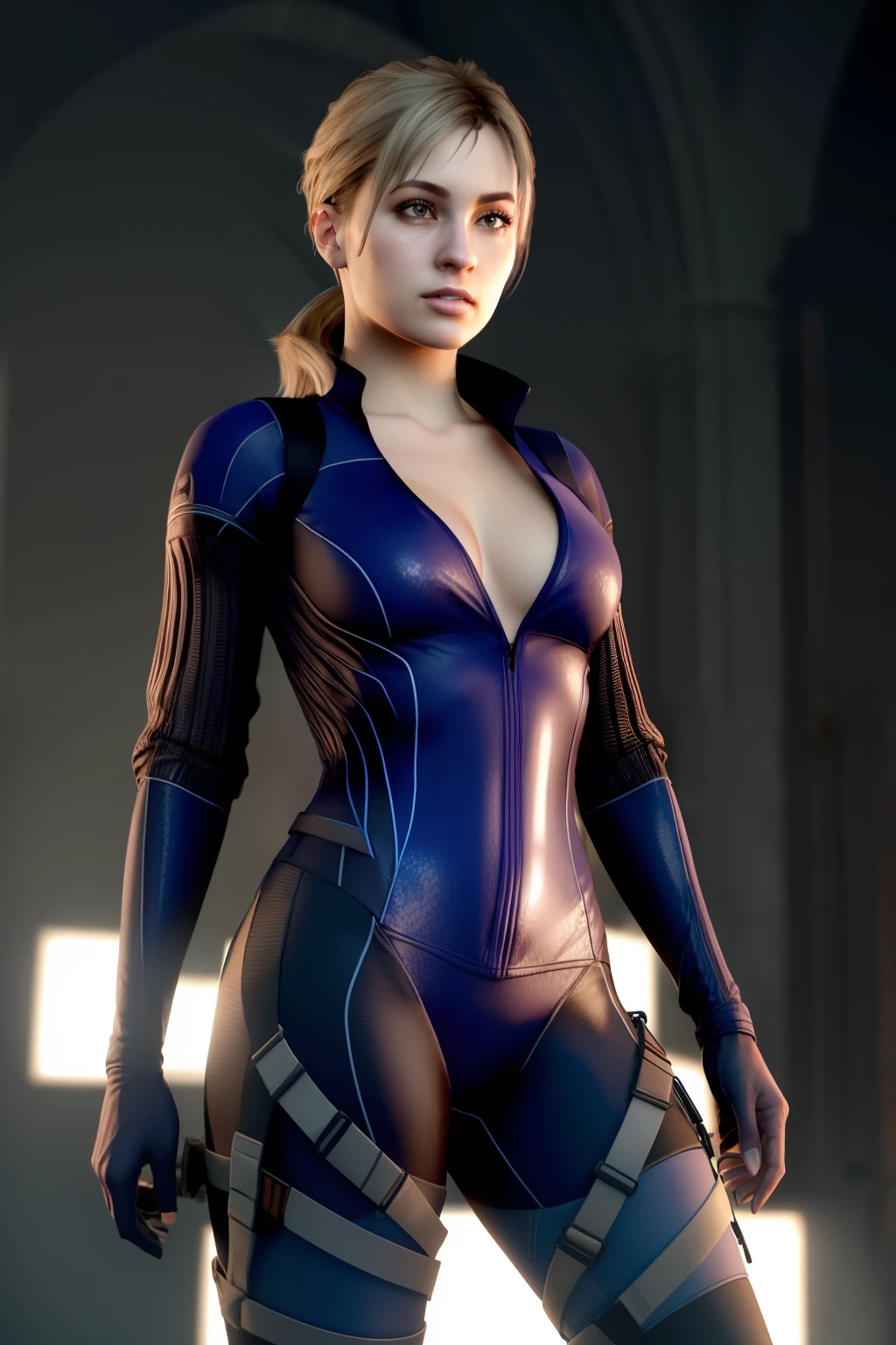 Jill Valentine RE5, 1girl, solo, (8k, foto RAW, mejor calidad, obra maestra: 1.2), (realista, fotorrealista: 1.37), retrato, Pro Lighting, mapeo de fotones, radiosidad, Physics-based rendering, 4k, high resolusion, obra maestra, mejor calidad, piel finamente detallada, foco nítido, (cinematography lighting), 鎖骨, soft illuminaotion, al aire libre, bodysuit, piel apretada, cabello rubio,, enfoque de espalda, mirando al espectador, cuerpo completo,