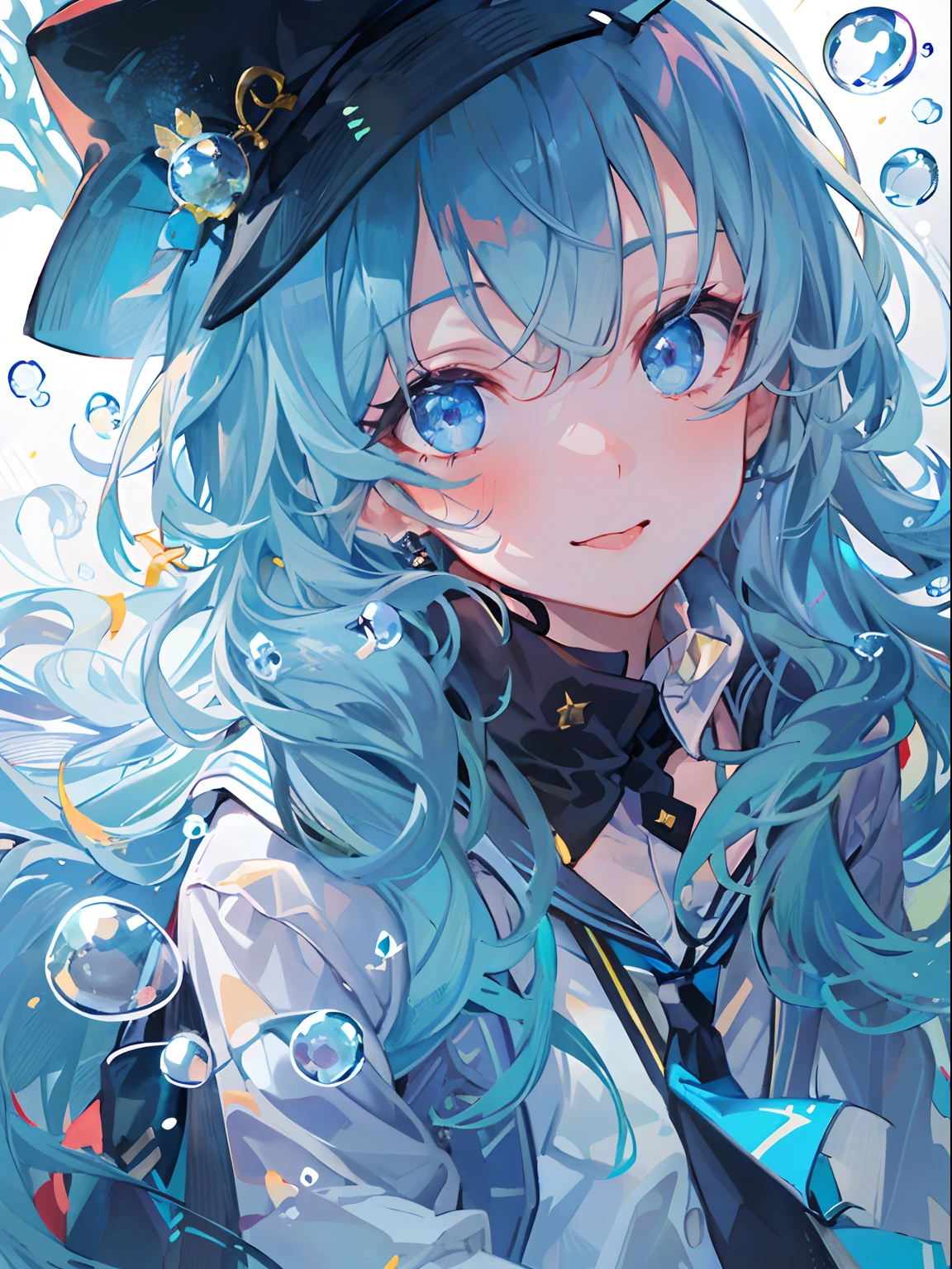 ((top-quality)), ((masterpiece)), ((ultra-detailliert)), (extremely delicate and beautiful), girl with, 独奏, cold attitude,((Black jacket)),She is very(relax)with the(Settled down)Looks,A dark-haired, depth of fields,evil smile,Bubble, under the water, Air bubble,bright light blue eyes,Inner color with light blue hair and light blue tips,Cold background,Bob Hair - Linear Art, shortpants、knee high socks、White uniform like school uniform、Light blue ribbon ties、Clothes are sheer、Hands in pockets、Bright eyes like sapphires,flourescent blue, There was a little blue light floating around、stick out tongue