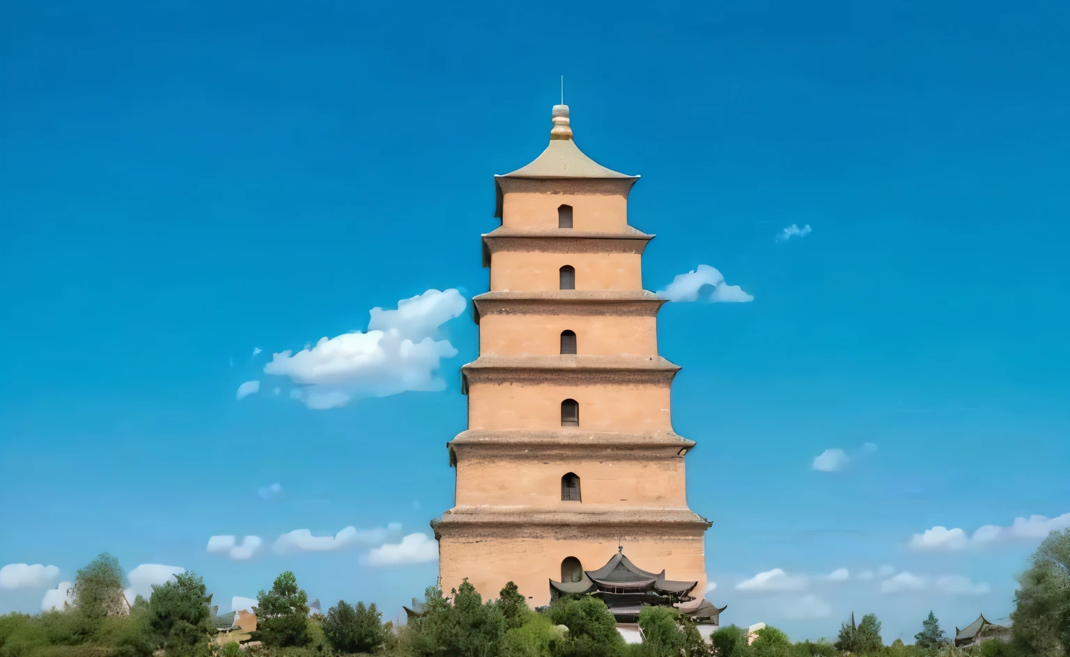 Arafeld Tower with sky background and trees in foreground, ancien chinese tower, ancient silver tower of the moon, pagoda, Ancient Chinese architecture, baotou china, gigantic tower, large temples, Chinese style buildings, Tower, shaved temple, qiangshu, colossal tower, Chinese architecture, big towers, painted tower of the moon, preserved historical