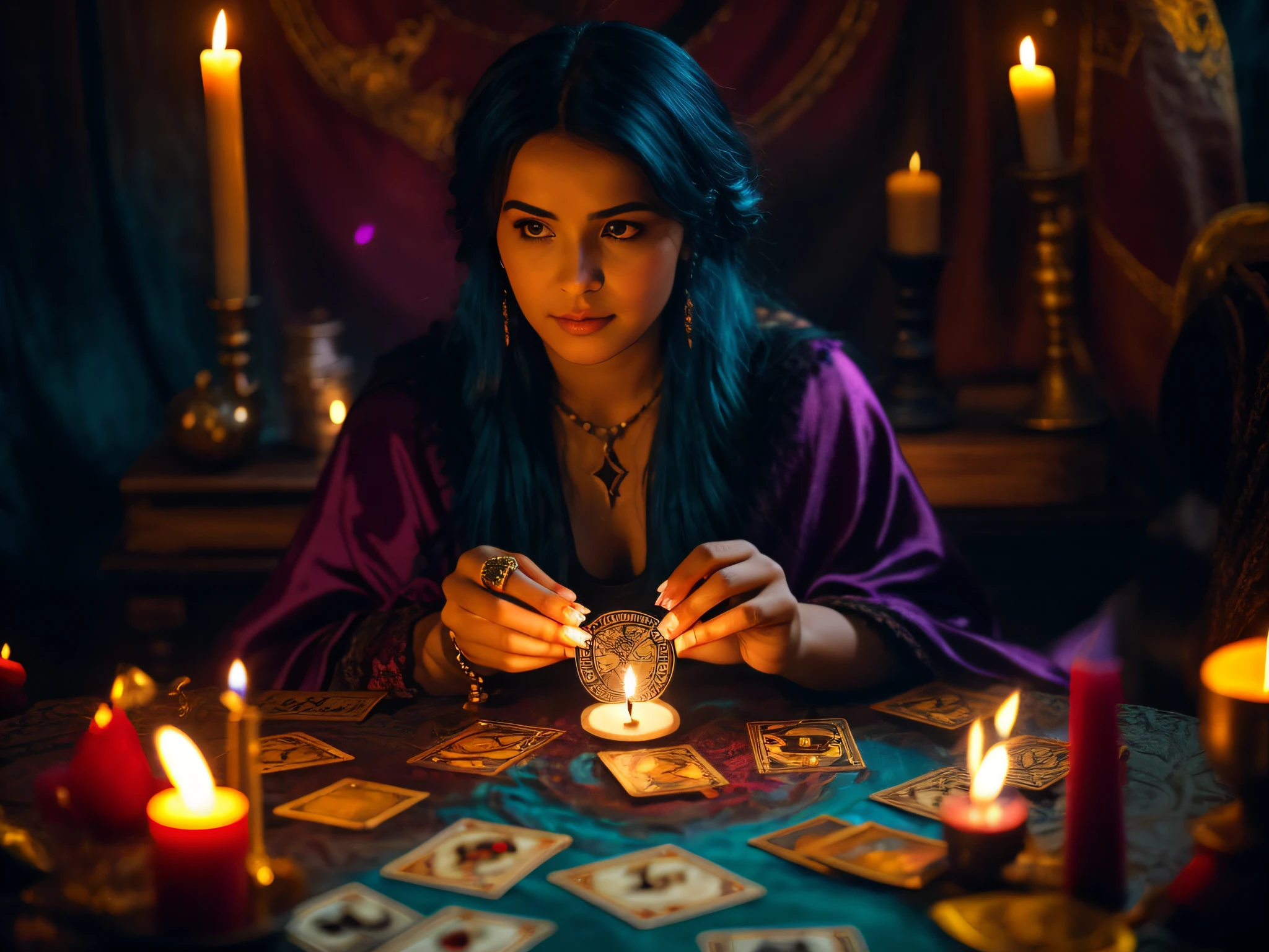 Arafed woman sitting at a table with a candle and tarot cards, spell casting, adivinho, spell casting wizard, black magic spells, tarot card enviroment, Female mage conjuring a spell, wizard doing a tarot reading, Magical Witchcraft, casting a protection spell, mulher feiticeira, maga feminina de fantasia sombria, com poderes de magia negra, as a tarot card, "olhando direto para a camera"