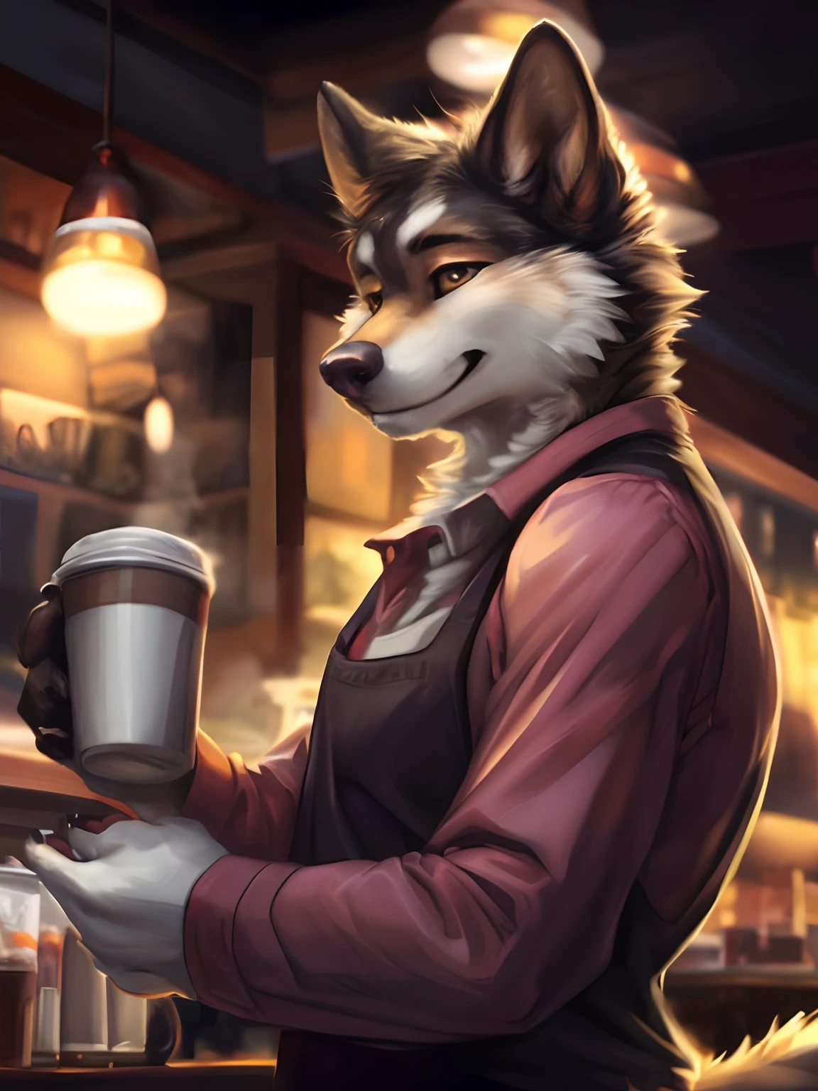 (author:Hioshiro and Kenket and Dimwitdog, Michael & Inessa Garmash, ruanjia, pino daeni, Chunie), there is a white dog with a red collar and a brown collar, disney stylized furry, furry character portrait, furry character, anthro portrait, masterpiece anthro portrait, inspired by Caspar Wolf, an anthro husky, anthro art, dramatic cinematic detailed fur, handsome husky fursona portrait, anthropomorphic dog male, anthropomorphic dog, anatomicaly correct feminine male body, flatchested:1.7 anthro, male:1.2 Slim and feminine body, superdetailed, masterpiece, ultrahd, 4k, ultra-detailed, cinematic, cinematic light, look on camera, sexy smile, ((Extremely articulate and detailed face)), (Extremely articulate and detailed eyes). posing for camera,beautiful smile, Extremely articulate and detailed fur, full body:1.5, comission, ultra-realistic render, ((Extremely articulate and detailed clothes)), epic lighting, cinematic lighting, (working barista in cafe), cafe lighting, (cozy cafe), (barista clothes), happy look