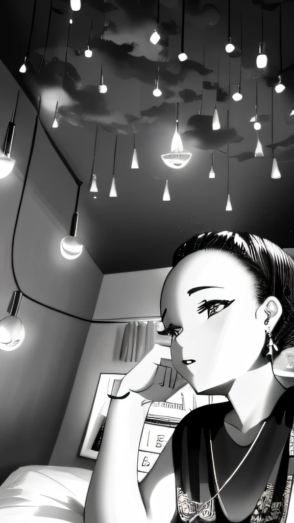 there is a woman sitting in a room with a lot of lights, black and white picture, b&w photo, black and white photo, black & white photo, a black and white photo, only black and white, by Chinwe Chukwuogo-Roy, monochrome black and white, in black and white, ☁🌪🌙👩🏾, low quality photograph