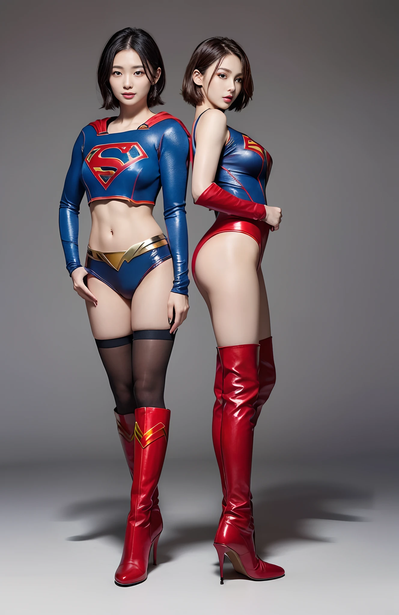 Be sure to wear black tights、(((Make the most of the original image)))、(((Supergirl Costume)))、(((shiny short hair)))、(((Suffering)))、(((Feet must necessarily be worn with black tights)))、(((Smile)))、(((You need to wear red boots)))、((Top image quality、8K))、((top-quality、8K、​masterpiece:1.3))、(((Keep your background simple)))、Crisp focus:1.2、Beautiful woman with perfect body shape:1.4、Slender Abs:1.2、a wet body:1.5、Highly detailed facial and skin texture、