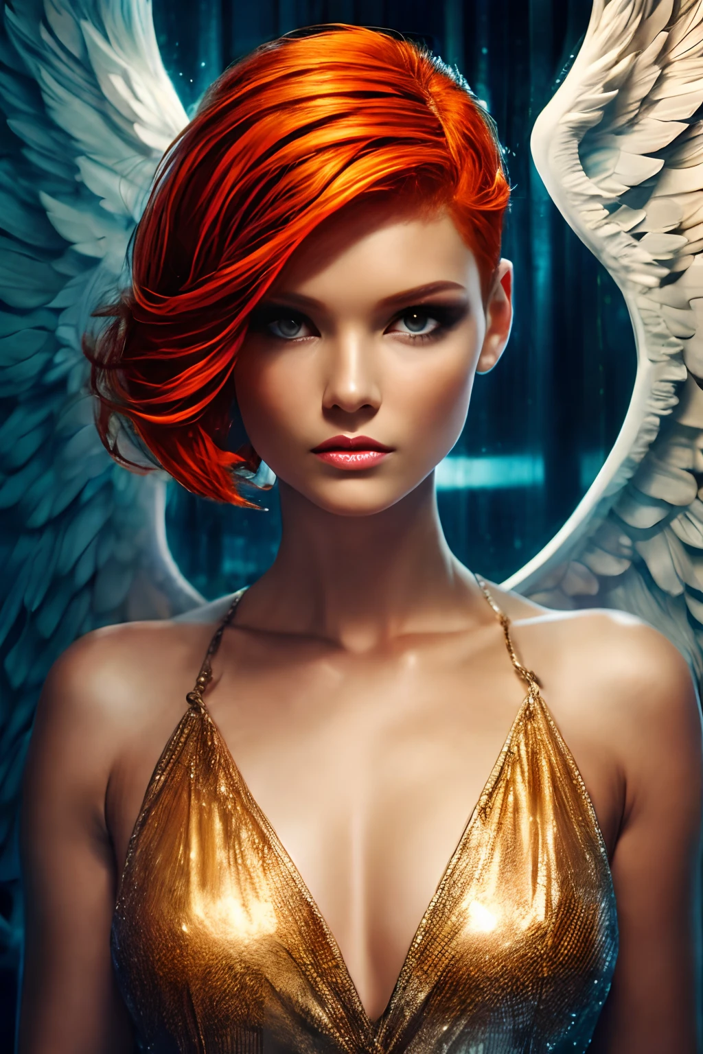 Shiny angel of protection, ginger short hair, sidecut, makeup, intense gaze,