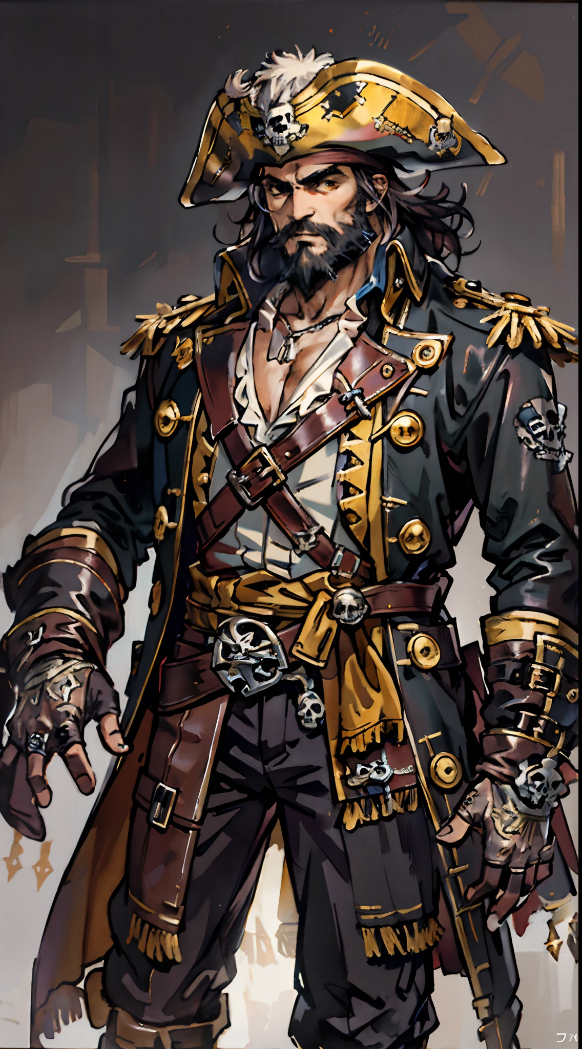 A middle-aged man with long black hair, medium length hair, wears a small round felt hat on his head, he has a cunning and sharp gaze, a beard, a tall and imposing figure, a fantasy-style pirate coat, sleeveless, exquisite stripes, a large skull pattern, has a golden sash around his waist, a leather belt with bone decorations, long gloves with metal ornaments, two-tone utility pants, knee-high leather boots, primarily in shades of black, accented by touches of red and yellow, he stands proudly at the bow of a massive pirate ship, this character embodies a finely crafted fantasy-style pirate in anime style, characterized by an exquisite and mature manga illustration art style, high definition, best quality, highres, ultra-detailed, ultra-fine painting, extremely delicate, professional, anatomically correct, symmetrical face, extremely detailed eyes and face, high quality eyes, creativity, RAW photo, UHD, 8k, Natural light, cinematic lighting, masterpiece:1.5