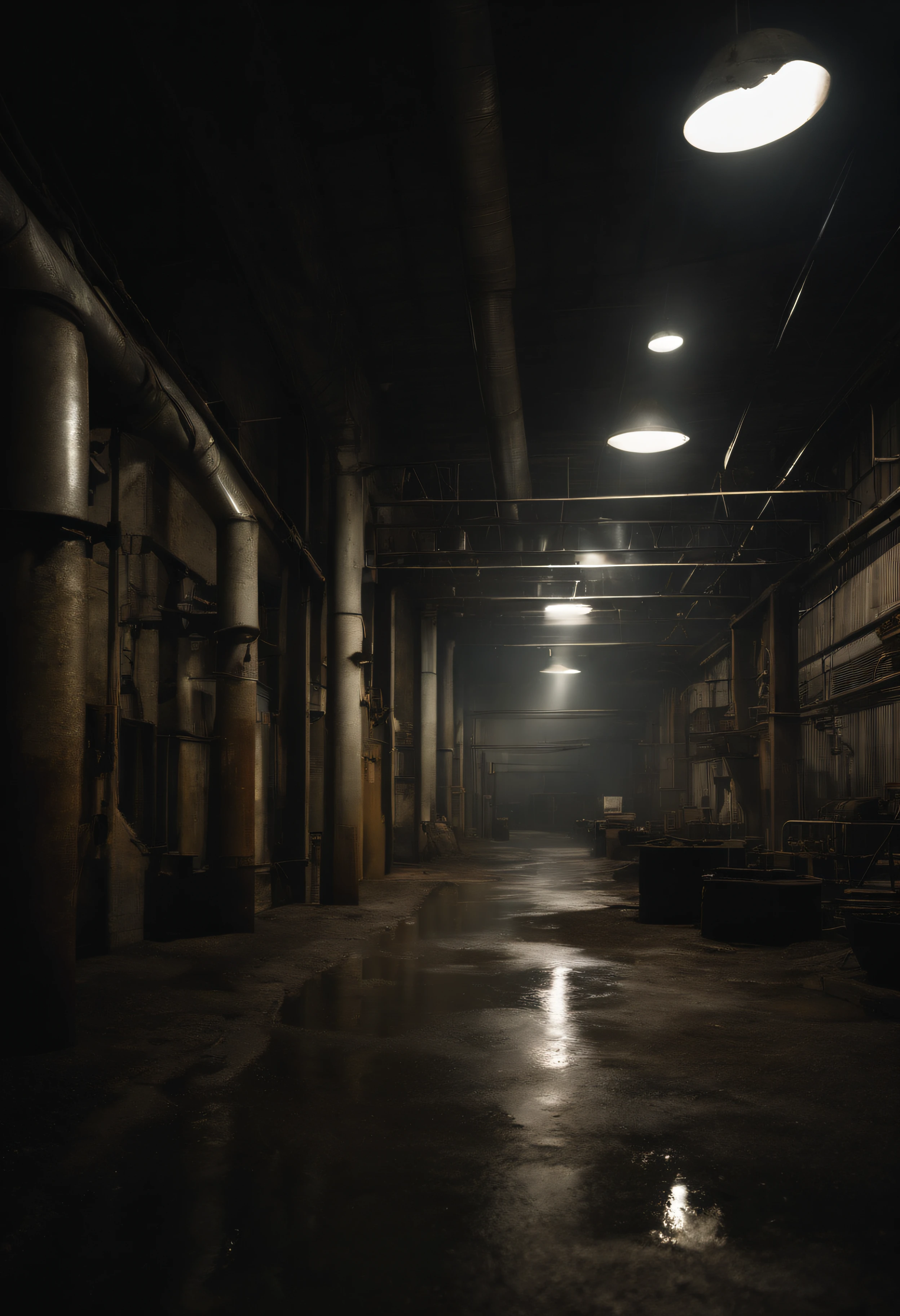 photo-realistic,Dimly lit,Interior of abandoned industrial plants at night,Long and narrow corridors,Abandoned atmosphere,Industrial exhaust air,Less pipes and some abandoned equipment,Water-reflective flooring,Unstable debris.The screen lighting is dim,Bright lighting is not required,The entire image is as dark as possible without distortion,Don't have windows