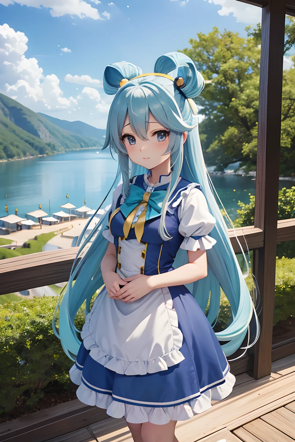 masterpiece, top-quality, Princess_aqua_Konosuba, Yellow dress, Black eyes, Light blue long hair、Twin-tailed、 standingn, (borgar: 1.1), clouds, in woods、White castle by the lake、Near and far law、blue-sky