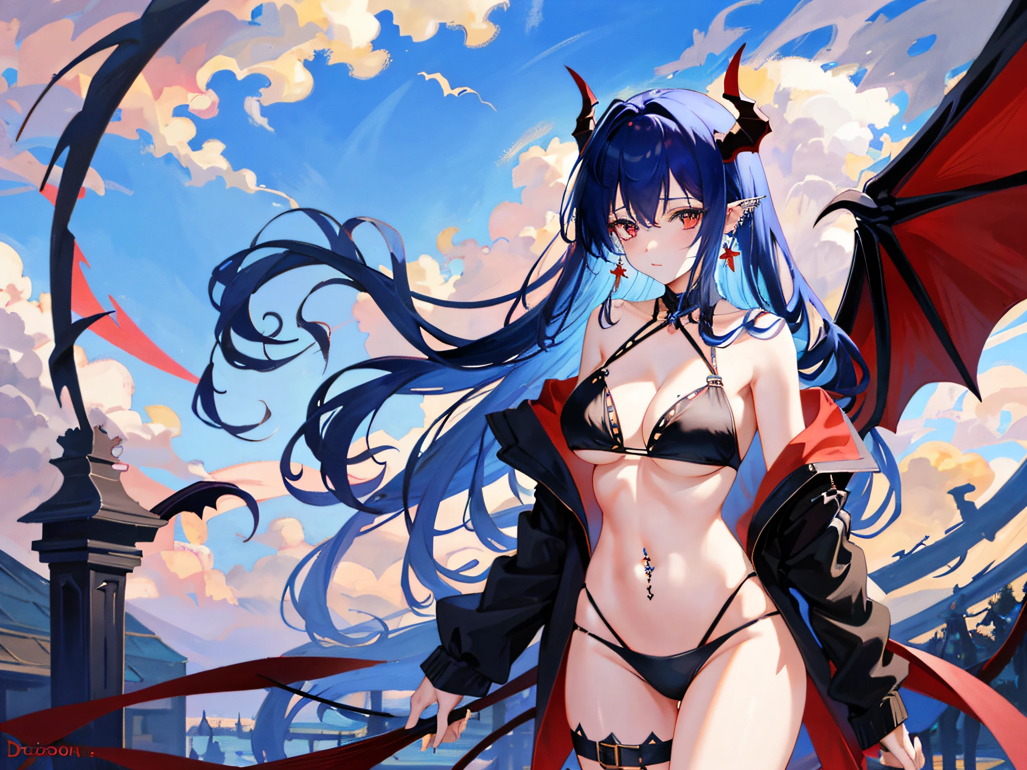 demon_wings, feathers, 1girl, horns, breasts, piercing, earrings, jewelry, long_hair, solo, demon_girl, bat_wings, navel, cross, large_breasts, looking_at_viewer,bare_shoulders, cleavage, dragon_wings, demon_horns , cross_earrings, black_bikini, Bikini, Swimwear, Rating: safe, demon_tail, red_eyes, blue_hair, tummy, tail, thighs, detached_sleeves, lightning, ear_piercing, groin, cloud, cowboy_shot, navel_piercing, low_wings, Bat, (Impressionism: 1.4)
