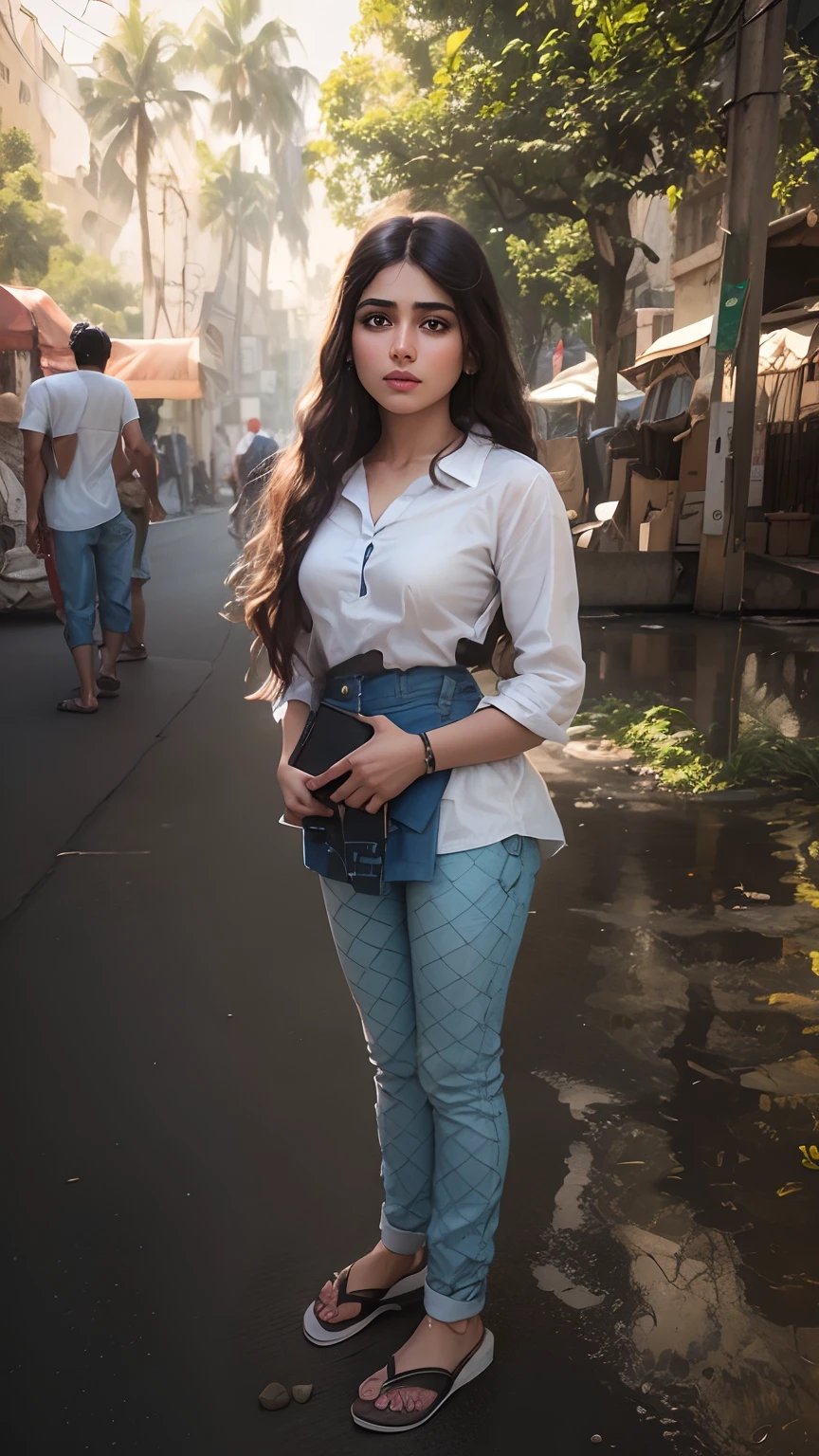 Masterpiece, hd photography, realistic,1woman, young woman, pakistan woman, Pakistan, medium hair, curly, wear white shirt, denim pants, upper body, standing, street background