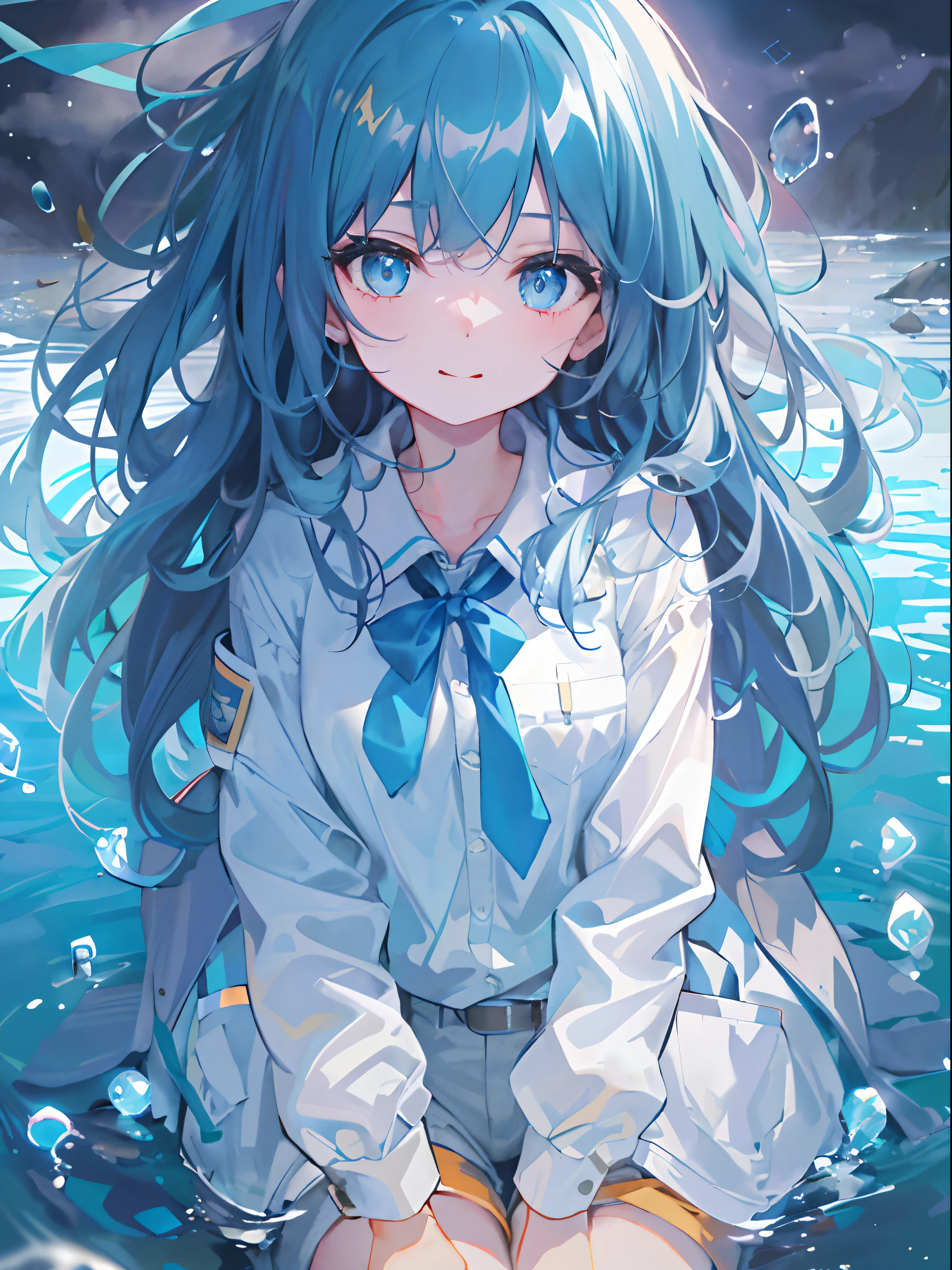 ((top-quality)), ((masterpiece)), ((ultra-detailliert)), (extremely delicate and beautiful), girl with, 独奏, cold attitude,((Black jacket)),She is very(relax)with the(Settled down)Looks,A dark-haired, depth of fields,evil smile,Bubble, under the water, Air bubble,bright light blue eyes,Inner color with light blue hair and light blue tips,Cold background,Bob Hair - Linear Art, shortpants、knee high socks、White uniform like school uniform、Light blue ribbon ties、Clothes are sheer、Hands in pockets、Bright eyes like sapphires,flourescent blue, There was a little blue light floating around、stick out tongue