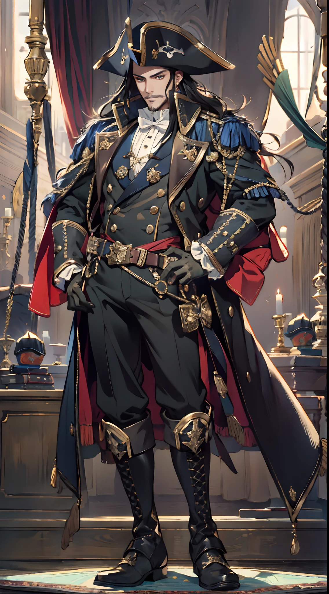 A middle-aged man with long black hair, medium length hair, wears a small round felt hat on his head, he has a cunning and sharp gaze, a beard, a tall and imposing figure, a fantasy-style pirate coat, sleeveless, exquisite stripes, a large skull pattern, has a golden sash around his waist, a leather belt with bone decorations, long gloves with metal ornaments, two-tone utility pants, knee-high leather boots, primarily in shades of black, accented by touches of red and yellow, he stands proudly at the bow of a massive pirate ship, this character embodies a finely crafted fantasy-style pirate in anime style, characterized by an exquisite and mature manga illustration art style, high definition, best quality, highres, ultra-detailed, ultra-fine painting, extremely delicate, professional, anatomically correct, symmetrical face, extremely detailed eyes and face, high quality eyes, creativity, RAW photo, UHD, 8k, Natural light, cinematic lighting, masterpiece:1.5