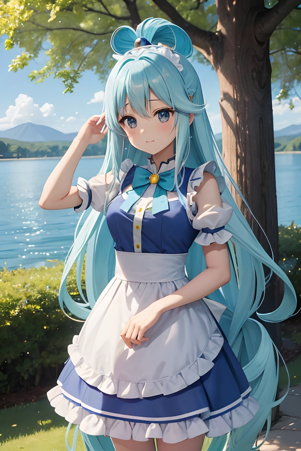 ​masterpiece, top-quality, Princess_aqua_Konosuba, Yellow dress, Black eyes, Light blue long hair、Twin-tailed、 standingn, (borgar: 1.1), ​​clouds, in woods、White castle by the lake、Near and far law、blue-sky