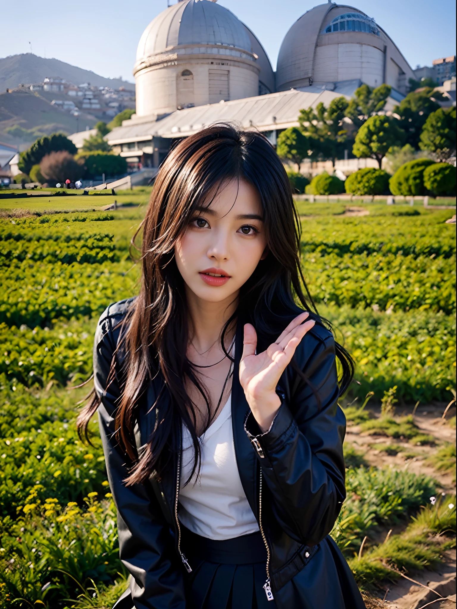 Arab asian woman in black jacket and skirt poses in field, Tifa Lockhart, tifa lockhart, seductive tifa lockhart portrait, Tifa, glamorous tifa lockheart, Anime girl cosplay, tifa lockhart portrait, Portrait of Tifa Lockhart, Trending on CGSTATION, Tifa Lockhart with gray hair, mayuri shiina from steins gate