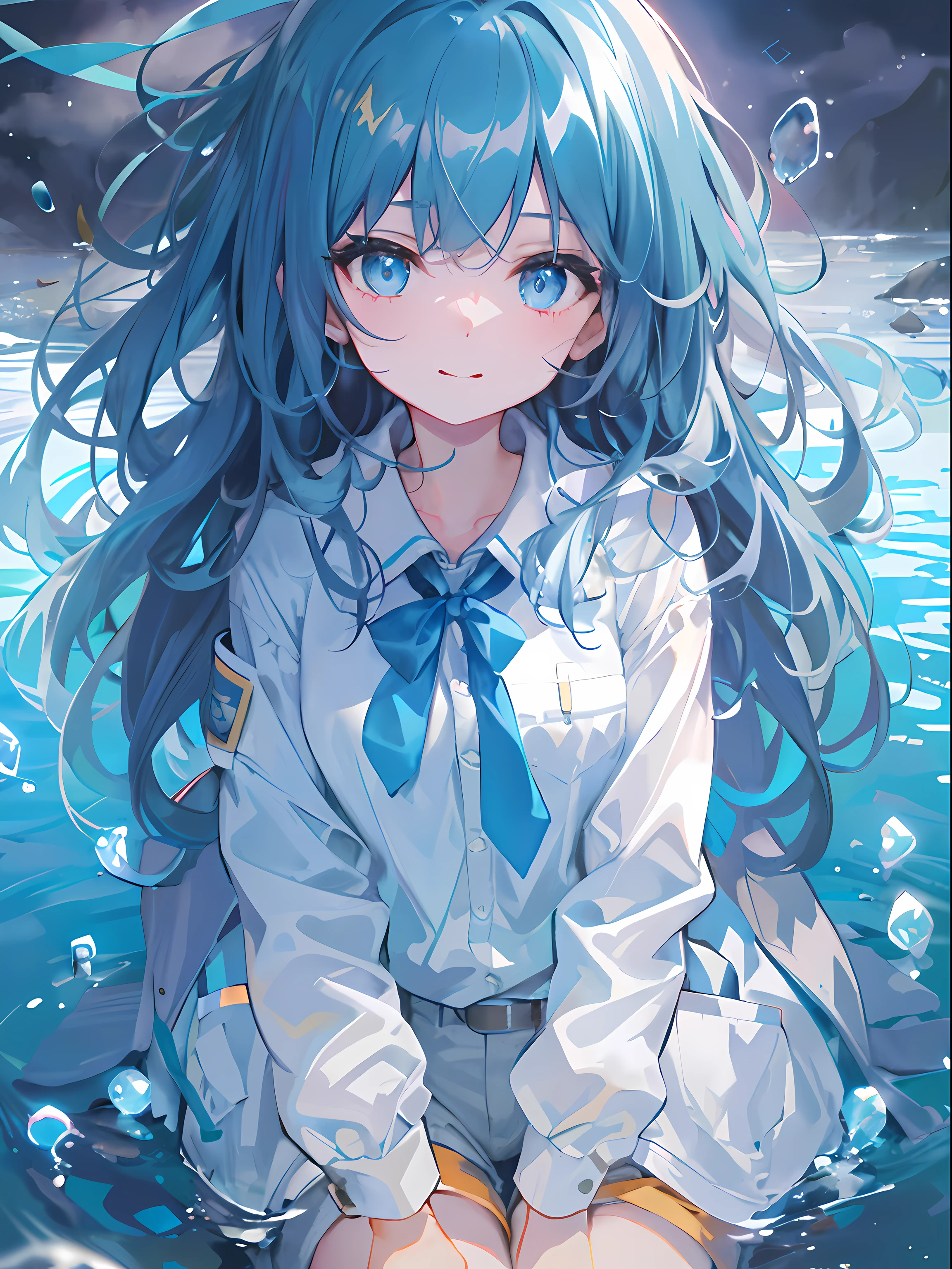 ((top-quality)), ((​masterpiece)), ((ultra-detailliert)), (extremely delicate and beautiful), girl with, 独奏, cold attitude,((Black jacket)),She is very(relax)with  the(Settled down)Looks,A dark-haired, depth of fields,evil smile,Bubble, under the water, Air bubble,bright light blue eyes,Inner color with light blue hair and light blue tips,Cold background,Bob Hair - Linear Art, shortpants、knee high socks、White uniform like school uniform、Light blue ribbon ties、Clothes are sheer、Hands in pockets、Bright eyes like sapphires,flourescent blue, There was a little blue light floating around、stick out tongue
