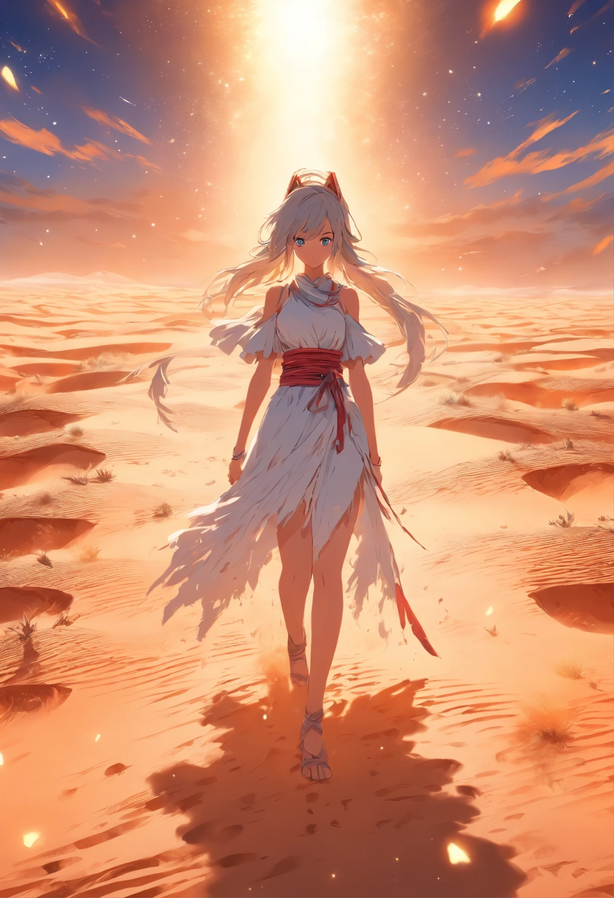 1 girl, white dress, facing to the viewer, standing on the desert, There are footprints in the desert.