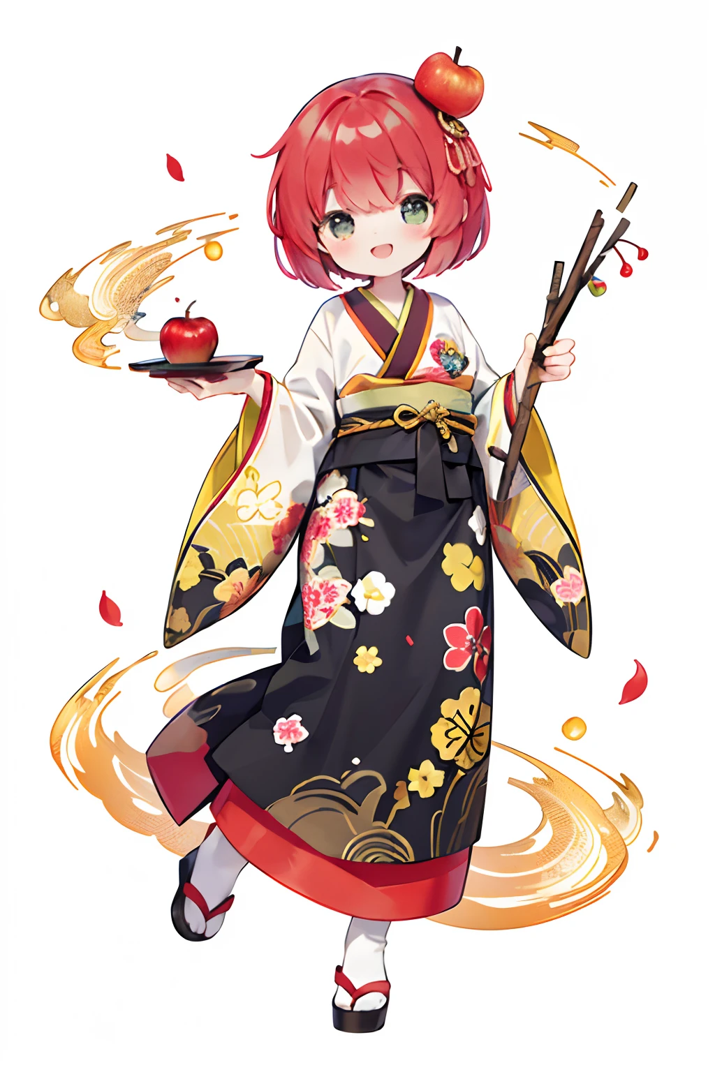 (White background:1.4),(Nature Illustration Summer Festival:1.3,paper art:1.3, Quilted Paper Art:1.2),( Reasonable design, Clear lines, High Sharpness,Best Quality, Very detailed, masutepiece, Movie Light Effects, 4K )(Red petals:1.0)、Lots of sparks flutter、the wind、Background with、Summer Festivals、sparks、Wear Happy、celebration costume、Hankou、japanese festival、Red hair、Partially red hair、Gray hair at the base、Install the Festival Bowl Roll、Night festivities、full body Esbian、A delightful、Happy smile、Apple candy in hand、Candy with sticks on apples