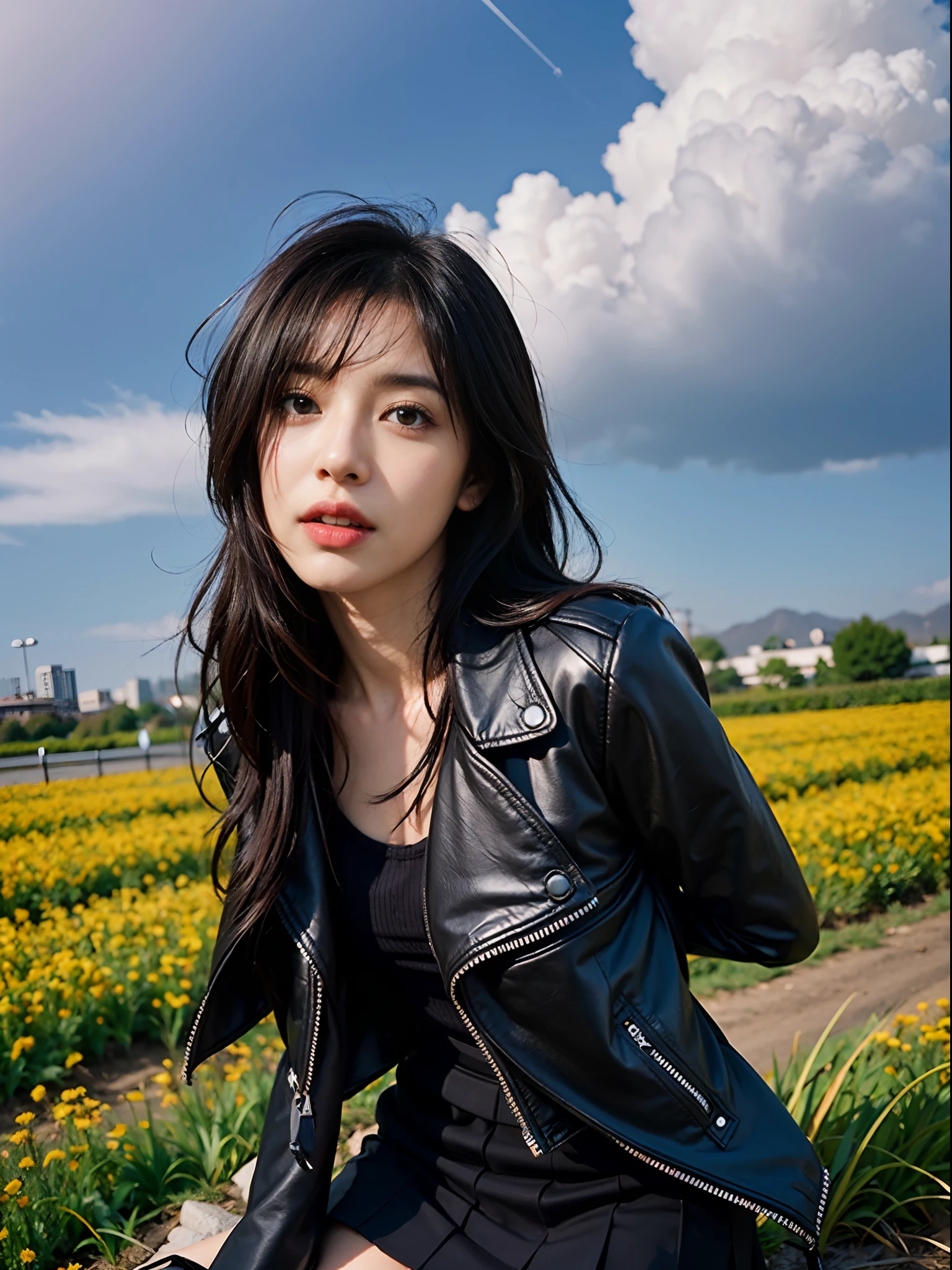 Arab asian woman in black jacket and skirt poses in field, Tifa Lockhart, tifa lockhart, seductive tifa lockhart portrait, Tifa, glamorous tifa lockheart, Anime girl cosplay, tifa lockhart portrait, Portrait of Tifa Lockhart, Trending on CGSTATION, Tifa Lockhart with gray hair, mayuri shiina from steins gate