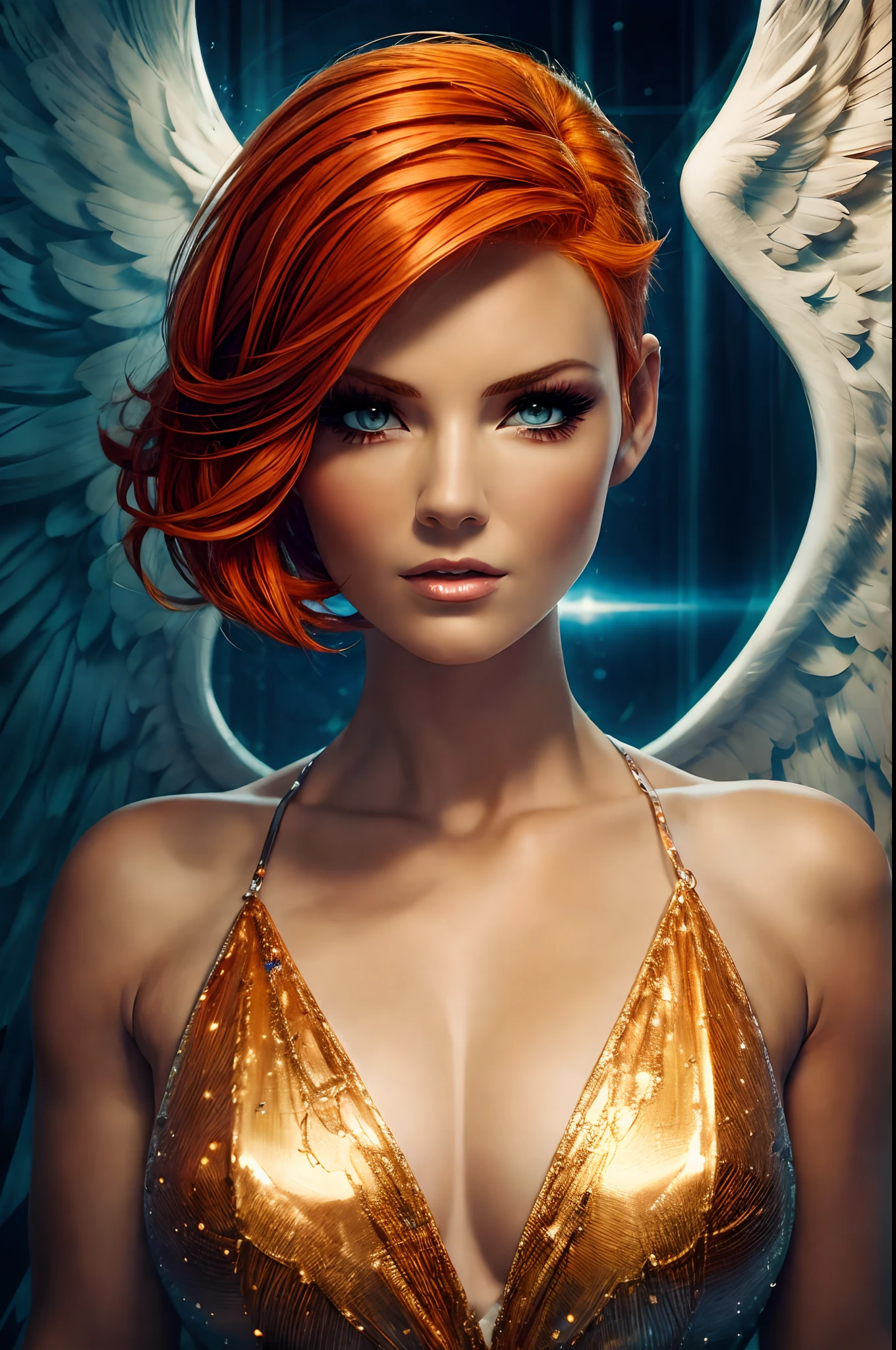 Jess nigri as Shiny angel of protection, ginger short hair, sidecut, makeup, intense gaze,