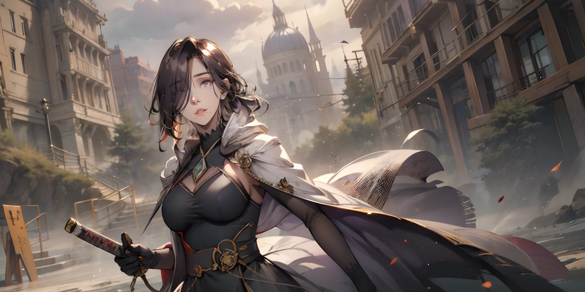 AuroraV4, (dark-purple hair, long hair, hair over one eyes:1.6), glowing eyes, hollow eyes, purple eyes, epic art, fantasy scenery, mole under mouth, 1girl, sword, gloves, black_gloves, katana, building, cape,  breasts, holding, solo, sheath, looking_at_viewer, outdoors, architecture, glow effects, godrays, Hand drawn, render, 8k, octane render, cinema 4d, blender, dark, atmospheric 4k ultra detailed, cinematic, Sharp focus, big depth of field, Masterpiece, colors, 3d octane render, 4k, concept art, trending on artstation, hyperrealistic, Vivid colors, extremely detailed CG unity 8k wallpaper, trending on CGSociety, Intricate, High Detail, dramatic