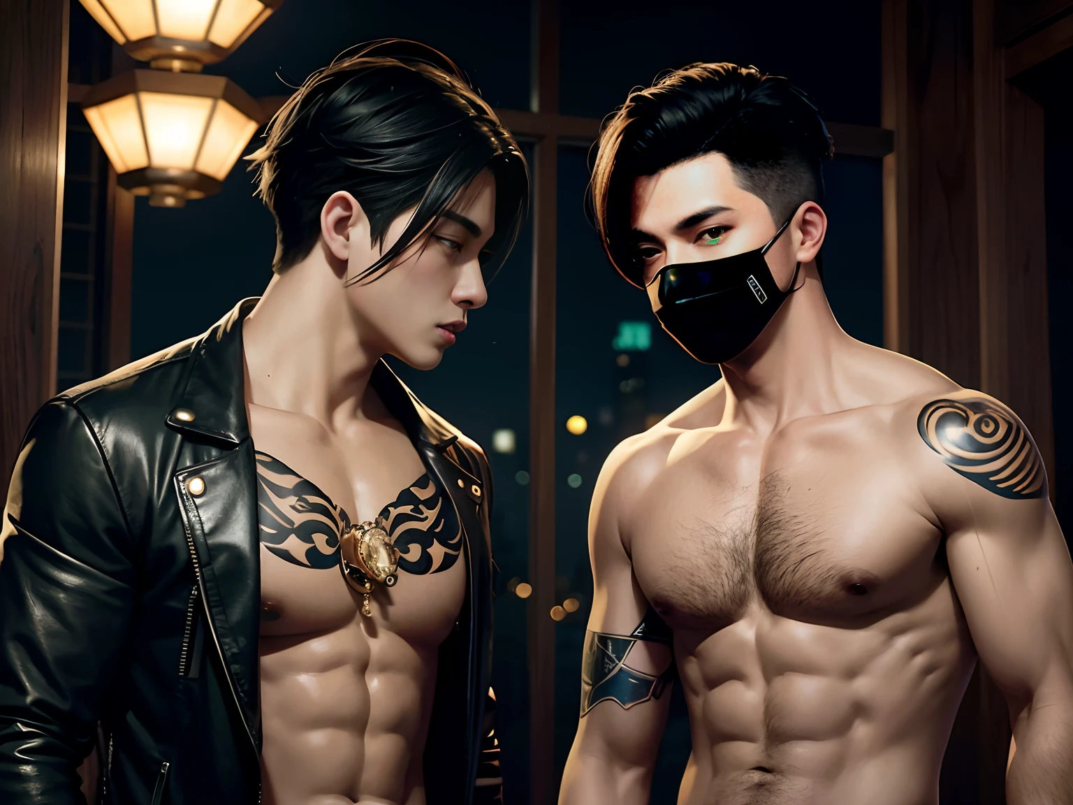 Two Asian men in leather jackets and masks pose for a group photo, jin shan and ross tran, & jeehyung lee & Phlegm sputum, phlegm, ross tran and bayard wu, alessio albi and shin jeongho, inspired by Kim Deuk-sin, inspired by Wang Duo, ruan jia and brom, trending on cgstation