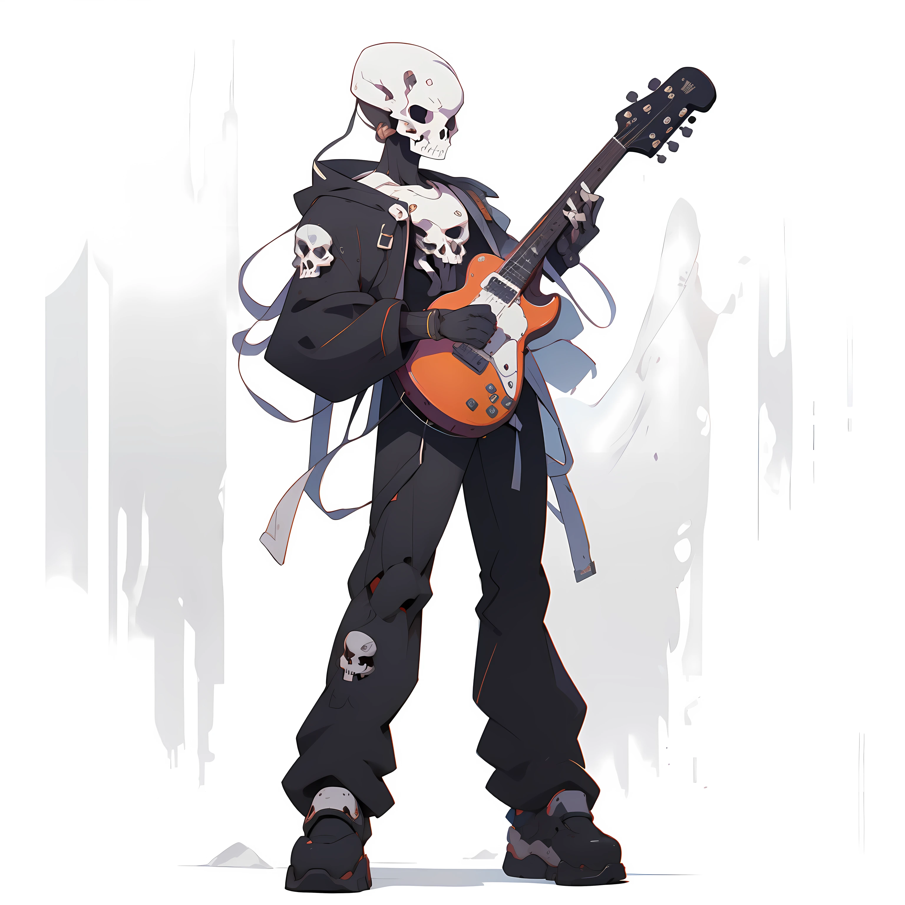 masutepiece, Best Quality, 4K, 超A high resolution, ultra-detailliert, High resolution, Ultra HD, sophisticated details, Backlight, ((Full body shot)), ((No background)), ((White background)), Man's, Street musician, Playing the guitar, Guitar Man, Skull face