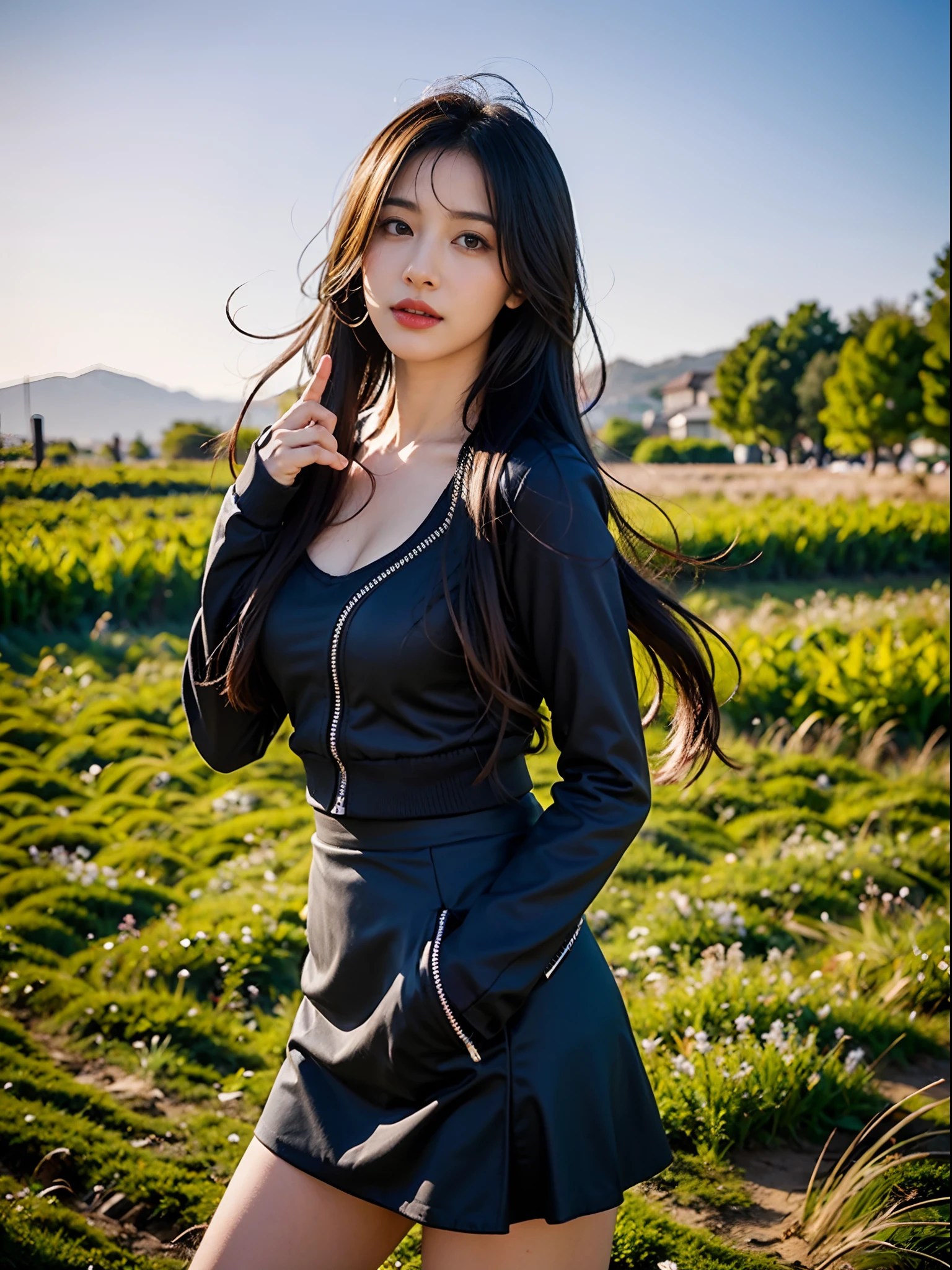 Arab asian woman in black jacket and skirt poses in field, Tifa Lockhart, tifa lockhart, seductive tifa lockhart portrait, Tifa, glamorous tifa lockheart, Anime girl cosplay, tifa lockhart portrait, Portrait of Tifa Lockhart, Trending on CGSTATION, Tifa Lockhart with gray hair, mayuri shiina from steins gate