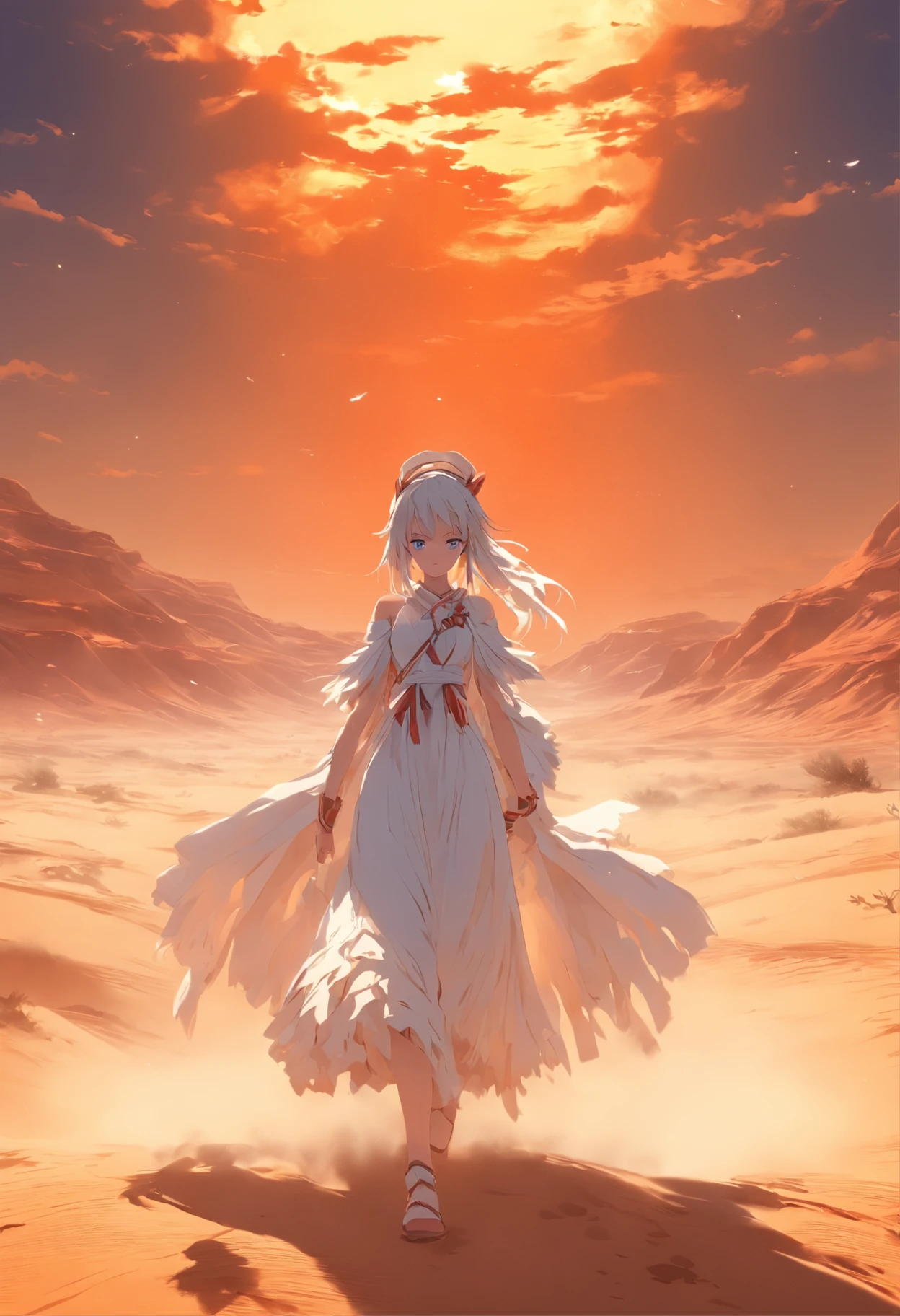 1 girl, white dress, facing to the viewer, standing on the desert, There are footprints in the desert.