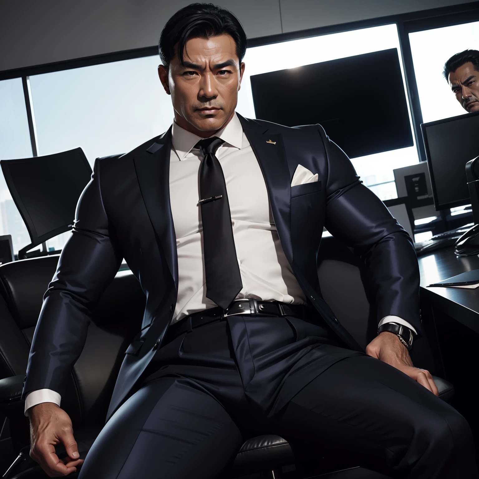 50 years old,daddy,shiny suit sit down,k hd,in the office,muscle, gay ,black hair,asia face,masculine,strong man,the boss is horny ,handsome