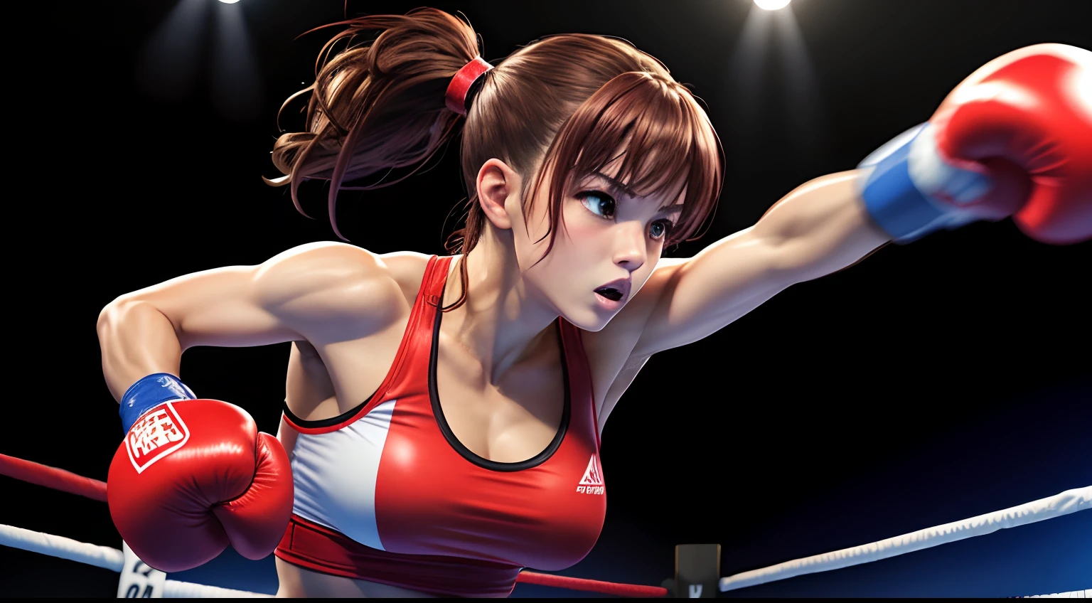 Anime-style, The highest image quality, top-notch quality, masutepiece, Ultra-high resolution, Stylish female boxers, 28 years old, Fighting young opponents, Full body, Dodge your opponent's punches、Counterpunch in the uppercut, Energetic movement and dynamic concentration, almond shape eyes, Slender face, cute expression, Tips for pale pink pigment on the cheeks, unyielding determination, slim and slender physique, medium height, A little taller, Long legs, muscular and toned body, Red Women's Boxing Attire, Small Red Boxing Gloves, Brown hair color, shoulder-length hair in a ponytail, Bangs split on the sides, Framing the face, Night, Illuminated over a boxing ring, boxing Ring, Ring rope, Red Boxing Gloves.　Blue trunks