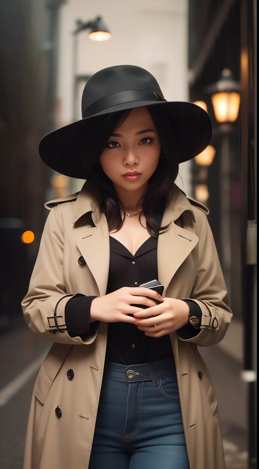 Create a dramatic film noir scene with the Malay woman in a classic trench coat and fedora, standing under a dimly lit streetlamp in the rain, capturing the essence of a vintage detective movie