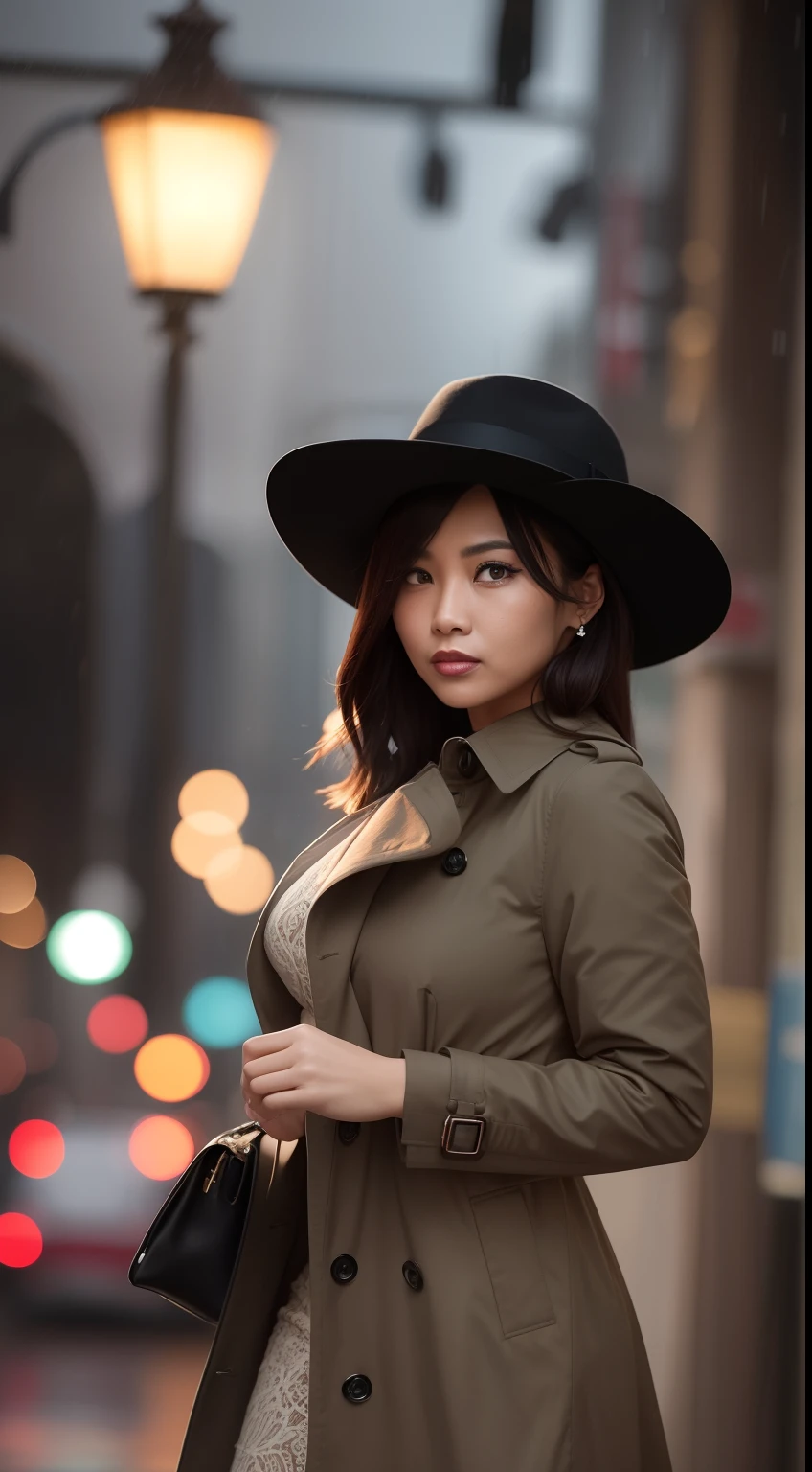 Create a dramatic film noir scene with the Malay woman in a classic trench coat and fedora, standing under a dimly lit streetlamp in the rain, capturing the essence of a vintage detective movie