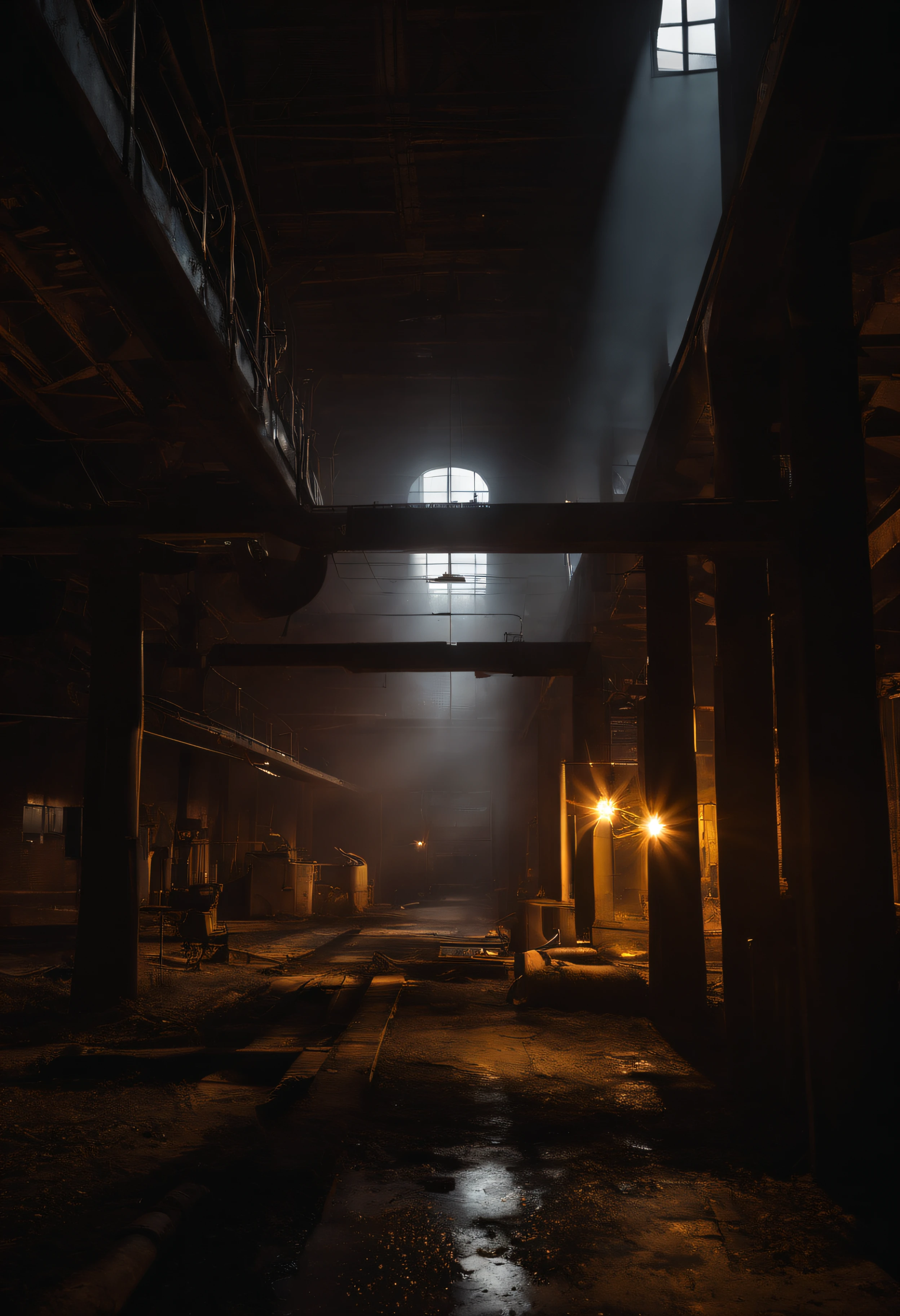 photo-realistic,Dimly lit,Inside an abandoned industrial plant at night,Long and narrow corridors,Abandoned atmosphere,Industrial exhaust gases,Less pipes and some abandoned equipment,Water-reflective flooring,Unstable debris.The screen lighting is dim,Bright lighting is not required,The entire image is as dark as possible without distortion,No windows