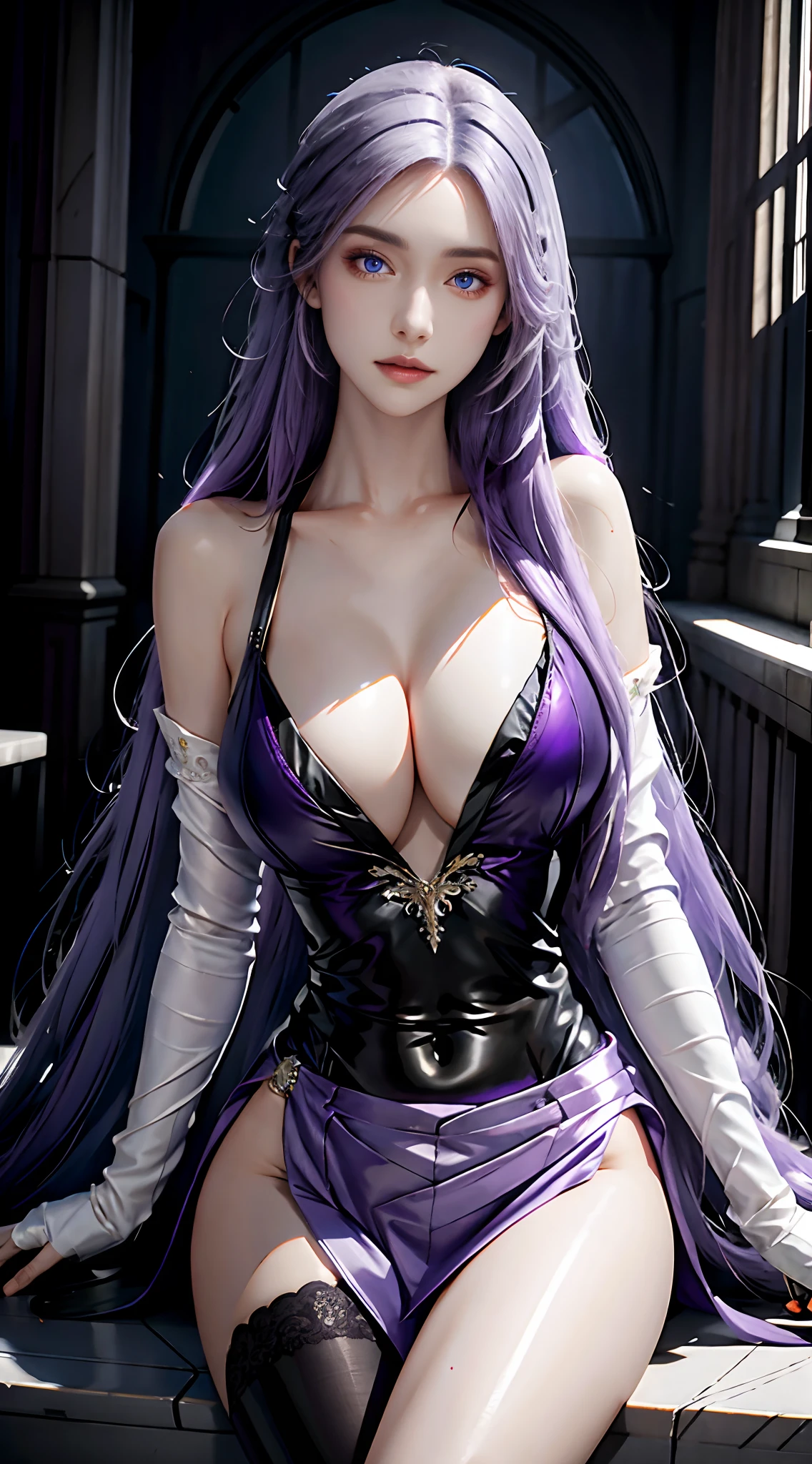 Surrealist portraits of women by David Hockney and Alphonse Mucha,Fantasyart,photographrealistic,Volumetriclighting,Very detailed faces,4 k'',Award-Awarded,,1girll,long whitr hair,Purple hair big breasts,Very long hair,(tmasterpiece,best qualtiy),st louis,High- sharpness,HighestQuali,cinematric light,ultra - detailed,详细的脸,Detailed eyes,best qualtiy,tmasterpiece,详细的脸,higher detailed,glowing light eyes,hight contrast,a color,Big breasts Thin waist,Skin texture,White skin, Purple eyes, Charming purple eyes,Purple eye,black lence stockings,8K, Super detail, ccurate