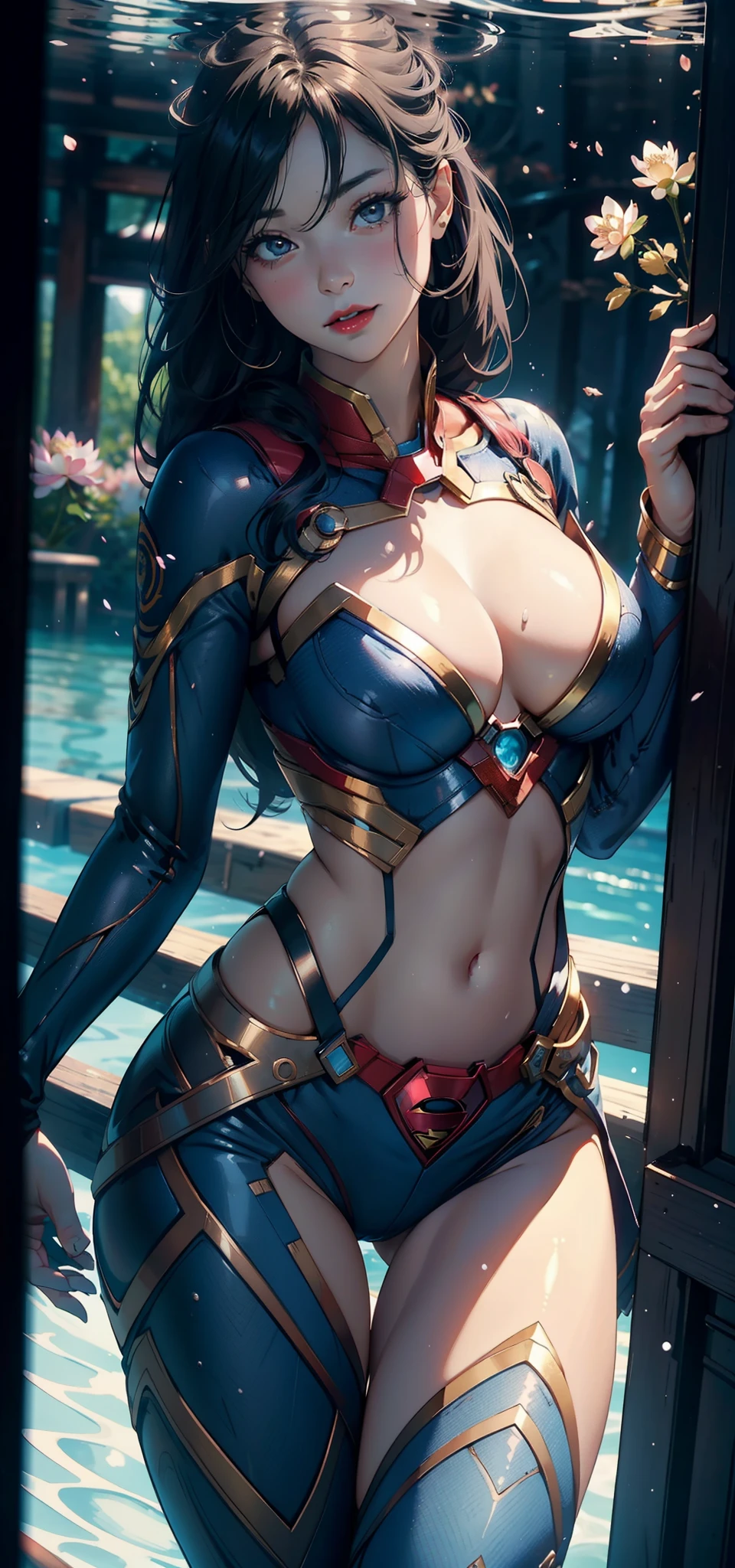 1female，45 yers old，Married Woman，熟妇，plumw，extremely large bosom， 独奏，（Background with：ponds，Cherry blossom forest，lotus flower）Lie underwater， She has long pink hair，seen from the front，， mostly cloudy sky，（（（tmasterpiece），（Very detailed CG unity 8K wallpaper），best qualtiy，cinmatic lighting，detailed back ground，beatiful detailed eyes，Bright pupils，Black eyes，Snow-whiteskin，Redlip（Very fine and beautiful），（Beautiful and detailed eye description），ultra - detailed，tmasterpiece，））facing at camera，A high resolution，ultra - detailed），revealing breasts，Bare genitalia，  Bulge，legs are open，Raised sexy，Camel toes，Desire for dissatisfaction，frontage，（Wearing：Blue denim bikini，Iron Man uniform）Supergirl