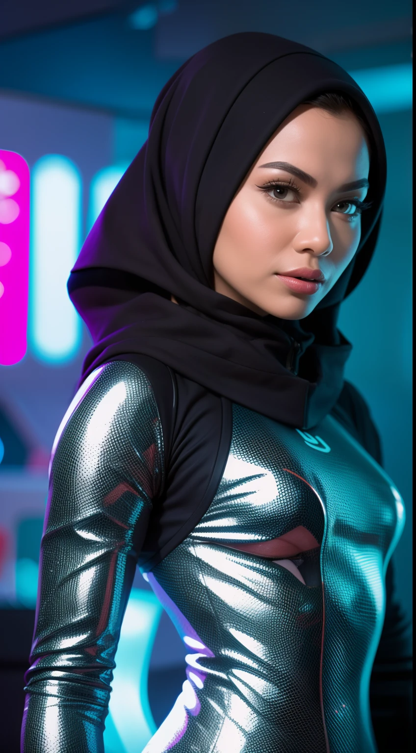 Create a futuristic sci-fi portrait featuring the Malay woman in sleek, high-tech attire, posing against a backdrop of advanced technology and neon lights, symbolizing innovation and progress