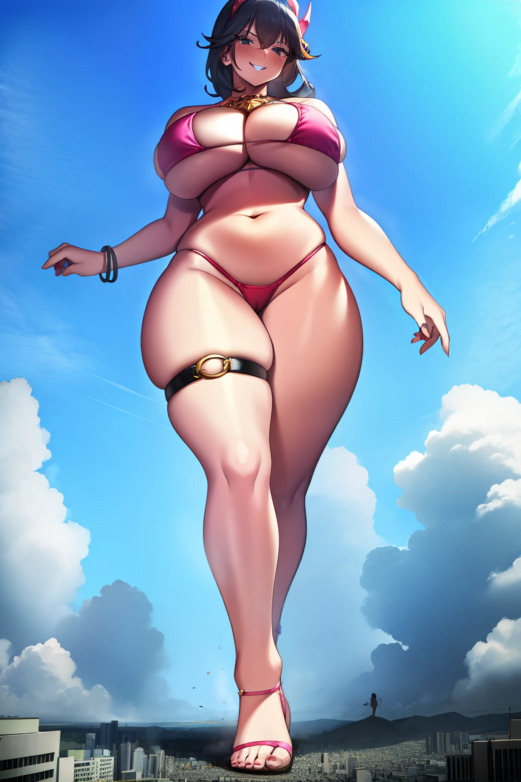 Giantess in a bikini, curvy, busty, grin, evil, thick thighs, stepping, walking, full body shot