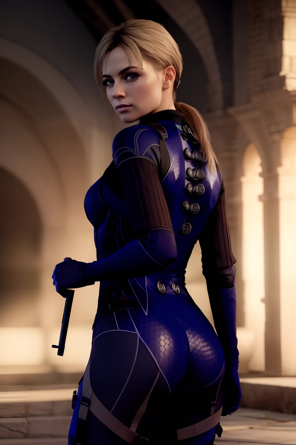 Jill Valentine RE5, 1girl, solo, (8k, foto RAW, mejor calidad, obra maestra: 1.2), (realista, fotorrealista: 1.37), retrato, Pro Lighting, mapeo de fotones, radiosidad, Physics-based rendering, 4k, high resolusion, obra maestra, mejor calidad, piel finamente detallada, foco nítido, (cinematography lighting), 鎖骨, soft illuminaotion, al aire libre, bodysuit, piel apretada, cabello rubio,, enfoque de espalda, mirando al espectador, Pose four ass towards the camera.