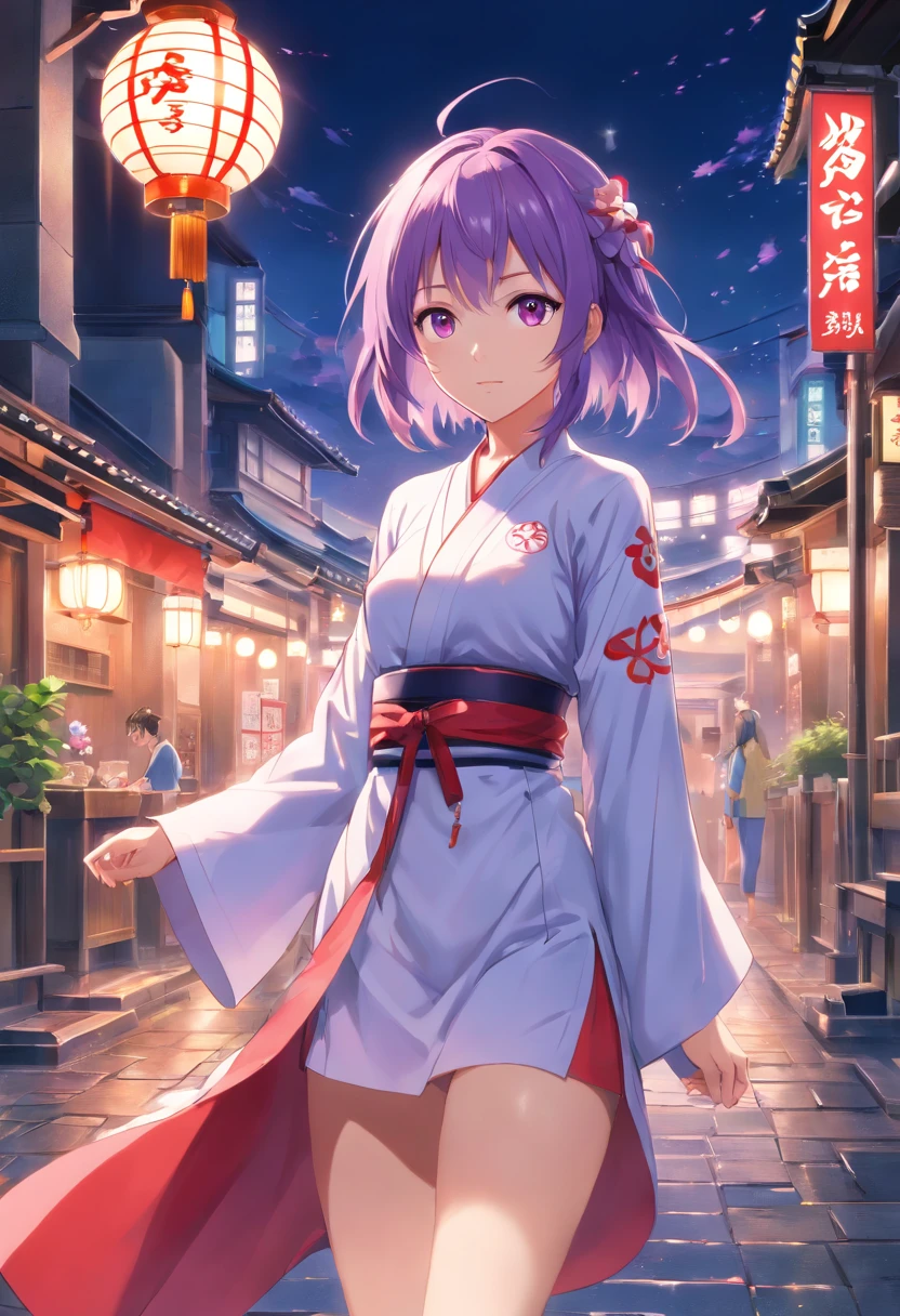(Best quality:1.4), A high resolution, Masterpiece,, 1girll,, Light purple hair, Purple eyes, (kemomimi), Medium breasts, Bare slender thighs,, hair adornments, (Red|White Japan Shinko garment), Detached sleeves,, Blush,, lantern, Shrine,, Detailed face,