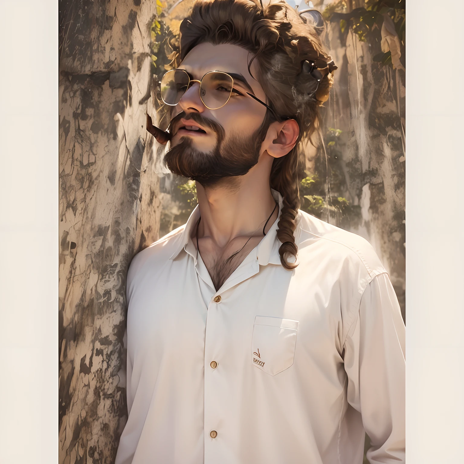 (Best quality, masterpiece), 1 boy, (simple lion background: 1.2),white shirt with lion print,long hair,brown beard, cigerette in mouth,