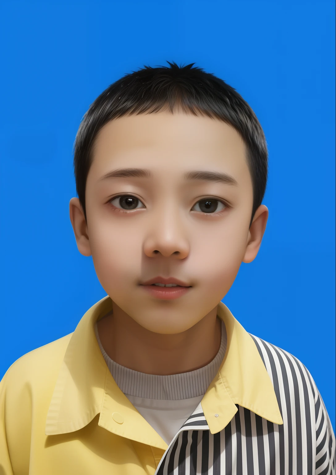 There was a 6-year-old boy wearing a yellow shirt and a black and white striped shirt, 年轻,adolable,younge boy。adolable,quadratic element