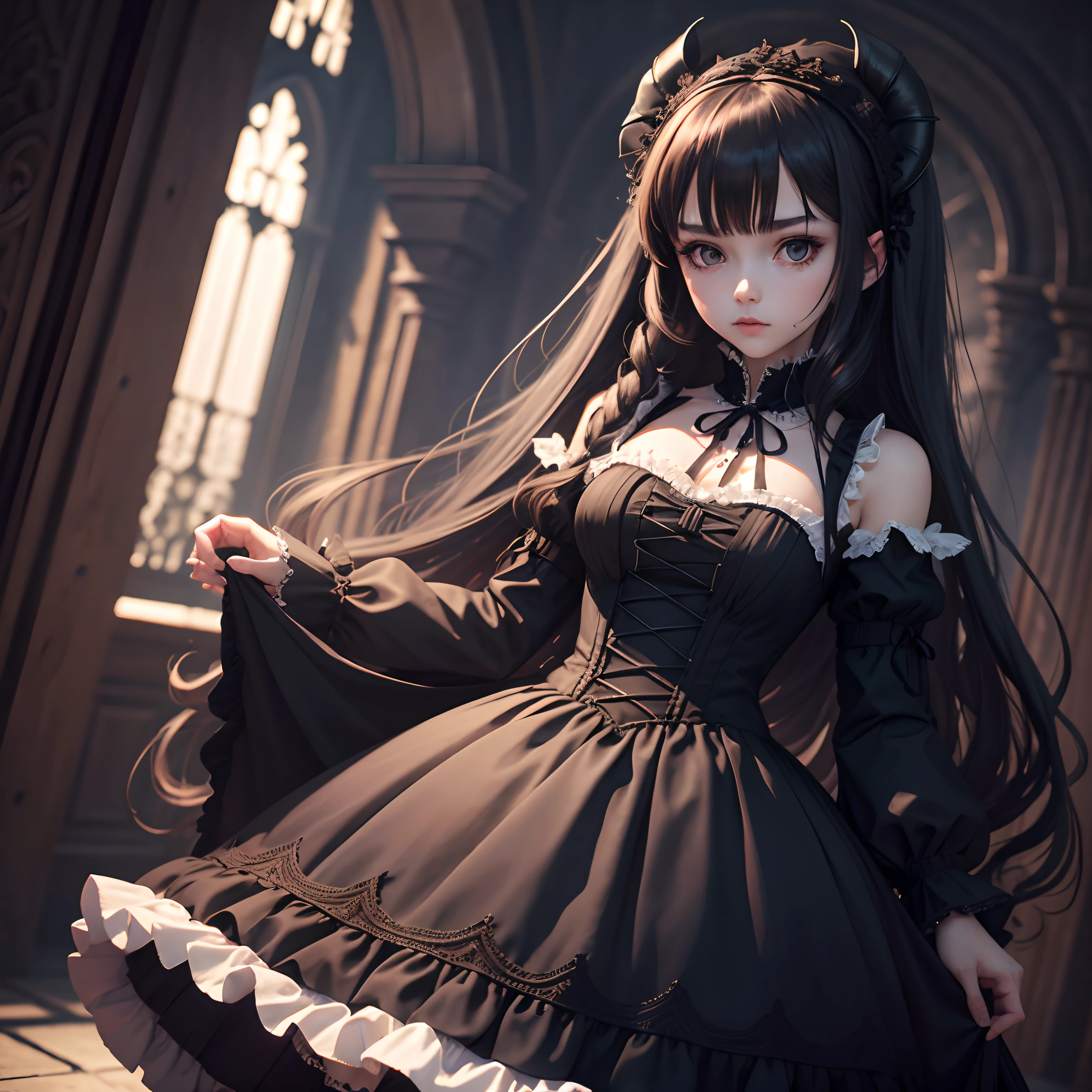 Gothic Lolita, long hair, Dress with skirt, 8k, Dark atmosphere, Gothic castle study, with brake ears, masle ve vlasech