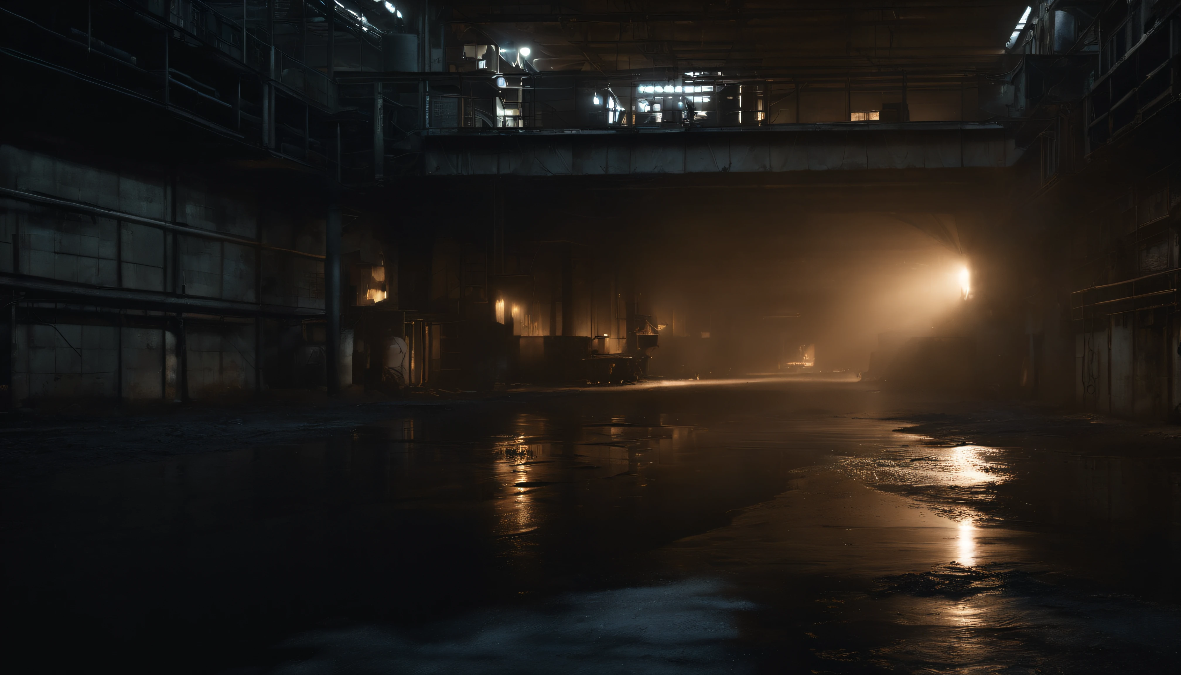 photo-realistic,Dimly lit,Inside an abandoned industrial plant at night,Long and narrow corridors,Abandoned atmosphere,Industrial exhaust gases,Less pipes and some abandoned equipment,Water-reflective flooring,Unstable debris.The screen lighting is dim,Bright lighting is not required,The entire image is as dark as possible without distortion,No windows