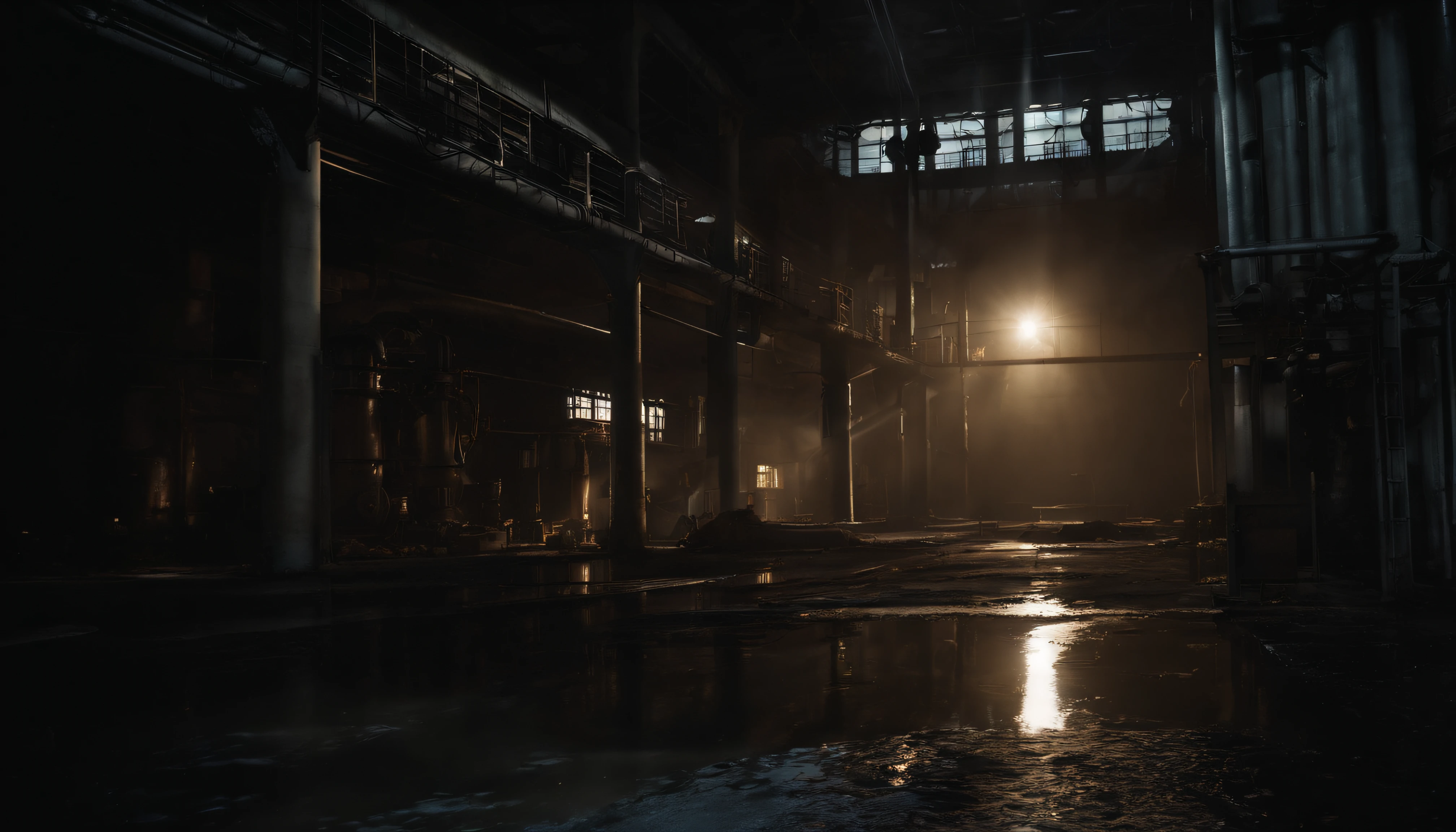 photo-realistic,Dimly lit,Inside an abandoned industrial plant at night,Long and narrow corridors,Abandoned atmosphere,Industrial exhaust gases,Less pipes and some abandoned equipment,Water-reflective flooring,Unstable debris.The screen lighting is dim,Bright lighting is not required,The entire image is as dark as possible without distortion,No windows,There are only two or fewer light sources in the entire image